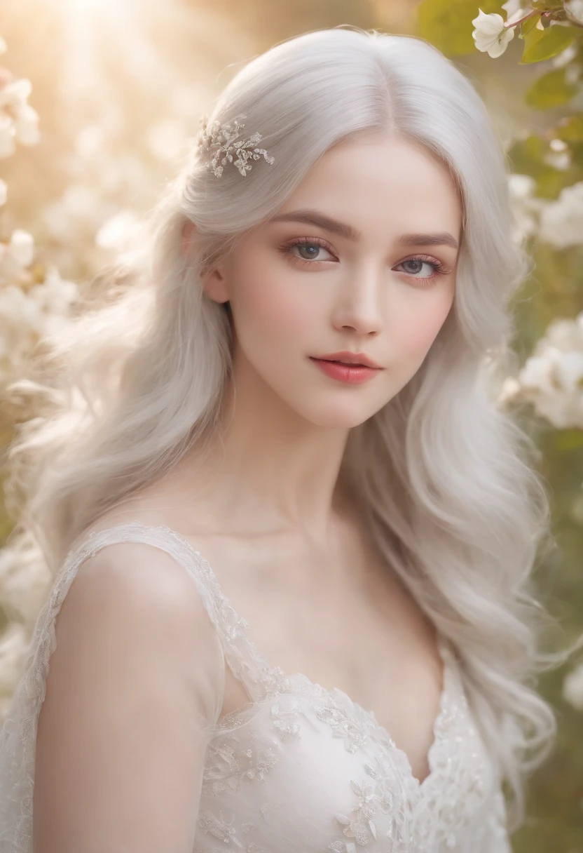 silver hair color,beautiful detailed eyes,beautiful detailed lips,long silver hair flowing in the wind,snowy white skin,ethereal and delicate appearance,soft and gentle expression,airy and elegant dress,sparkling silver hair accessories,standing in a magical garden surrounded by blooming silver flowers,soft sunlight casting a gentle glow on the scene,crystal-clear blue sky in the background,creating a serene and dreamlike atmosphere,(best quality,4k,8k,highres,masterpiece:1.2),ultra-detailed,realistic,portrait,soft and pastel color palette,subtle and warm lighting,creating a sense of enchantment and tranquility.