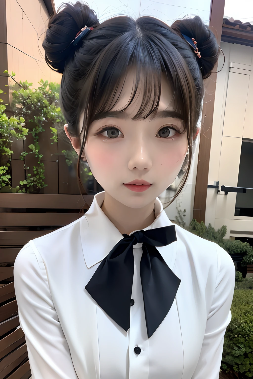 top-quality、masuter piece、ultra-detailliert、8k、Bun hair、bontage、plein air、Skyscrapers of the near future