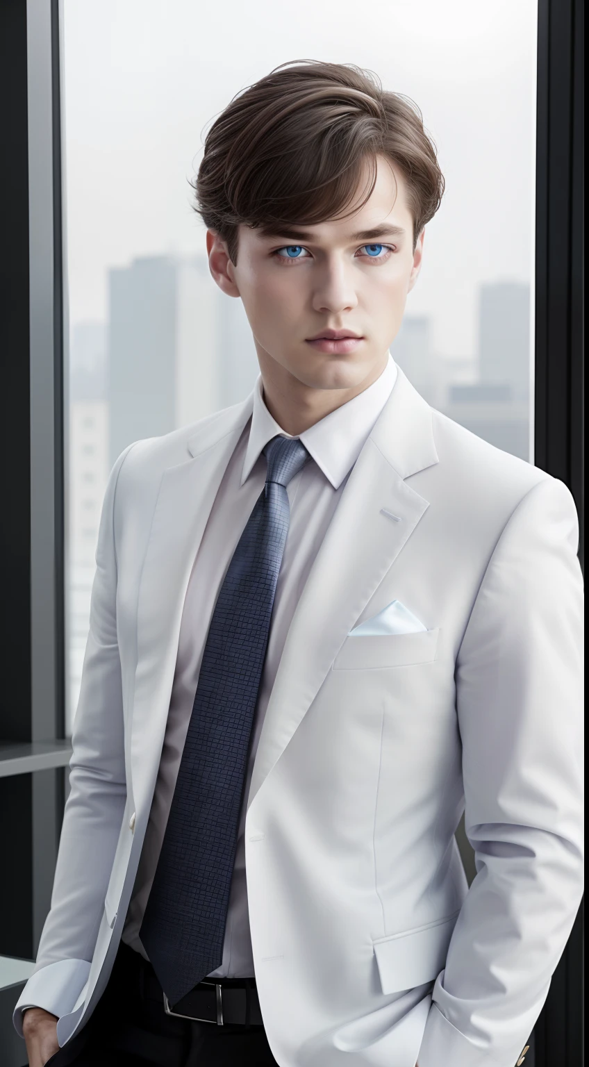 Masterpiece, Superb work, , white business suit, 中景 the scene is,schoolboy, Perfect male, , grey blue eyes, Pale pink lips, Cold, Intellectual faces,sat in an office,