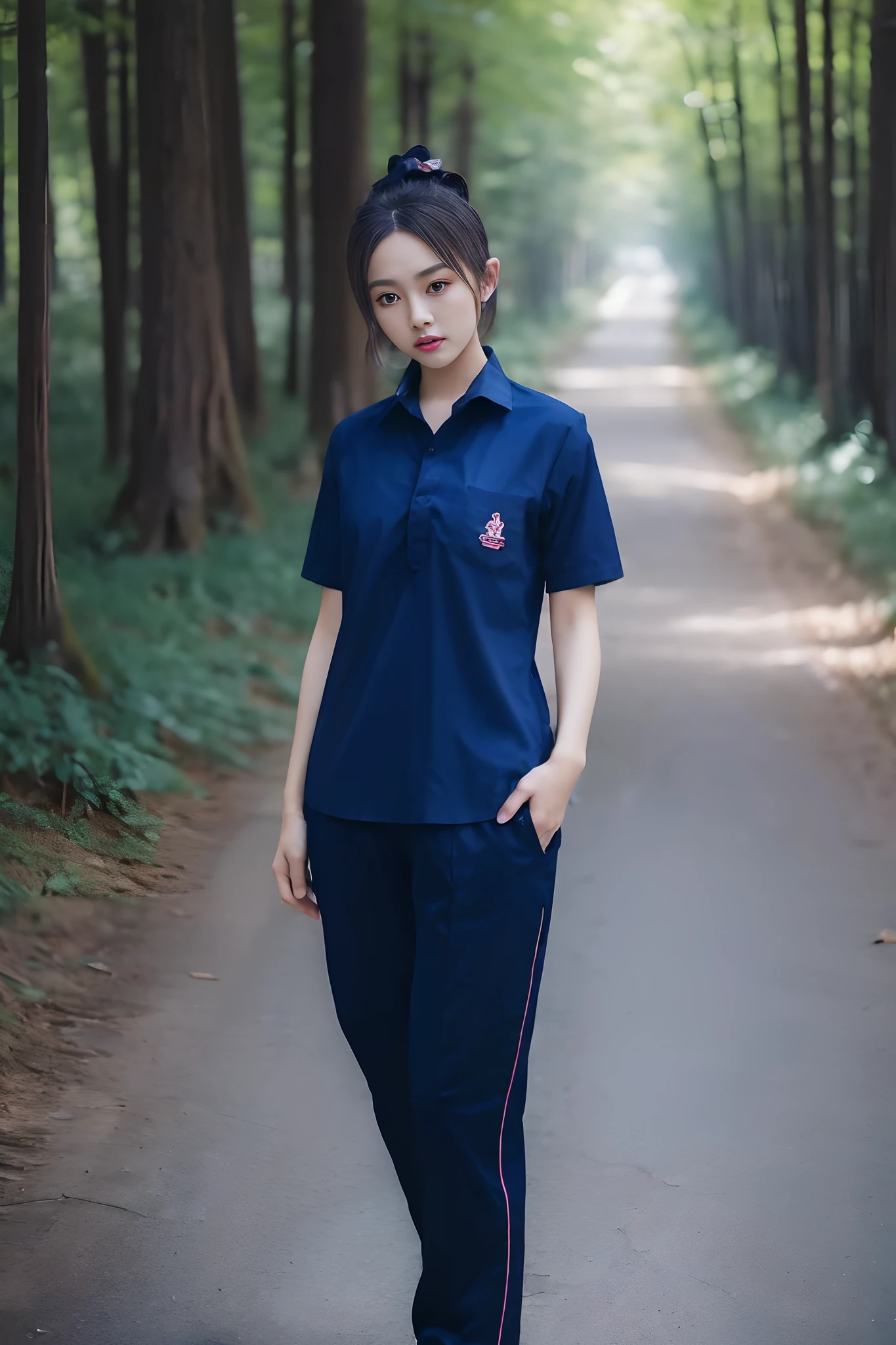 masterpiece, best quality, ultra realistic, hyper-detailed, 8k resolution, RAW photo, sharp focus, (1girl in forest), ((navy shirt:1.1)), short sleeves, long trackpant,full body pose, solo, perfect body, mature female, 21yo, cinematic light,white shoes