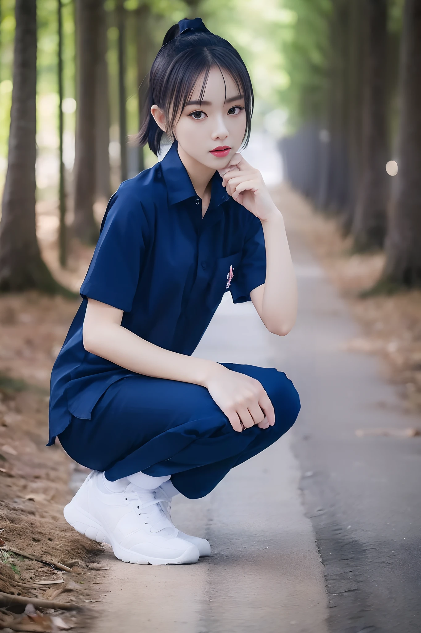 masterpiece, best quality, ultra realistic, hyper-detailed, 8k resolution, RAW photo, sharp focus, (1girl in forest), ((navy shirt:1.1)), short sleeves, long trackpant,full body pose, solo, perfect body, mature female, 21yo, cinematic light,white shoes