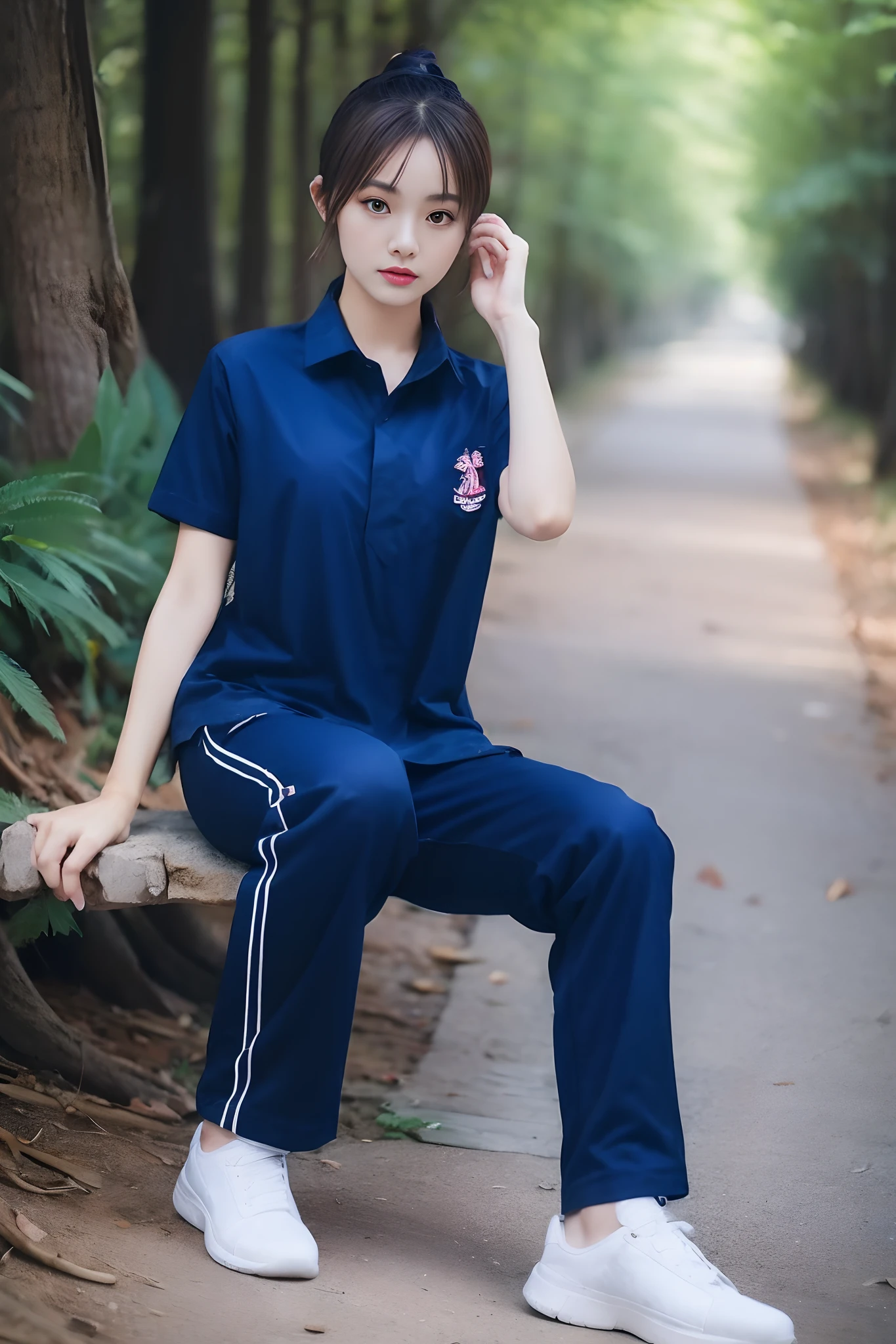 masterpiece, best quality, ultra realistic, hyper-detailed, 8k resolution, RAW photo, sharp focus, (1girl in forest), ((navy shirt:1.1)), short sleeves, long trackpant,full body pose, solo, perfect body, mature female, 21yo, cinematic light,white shoes
