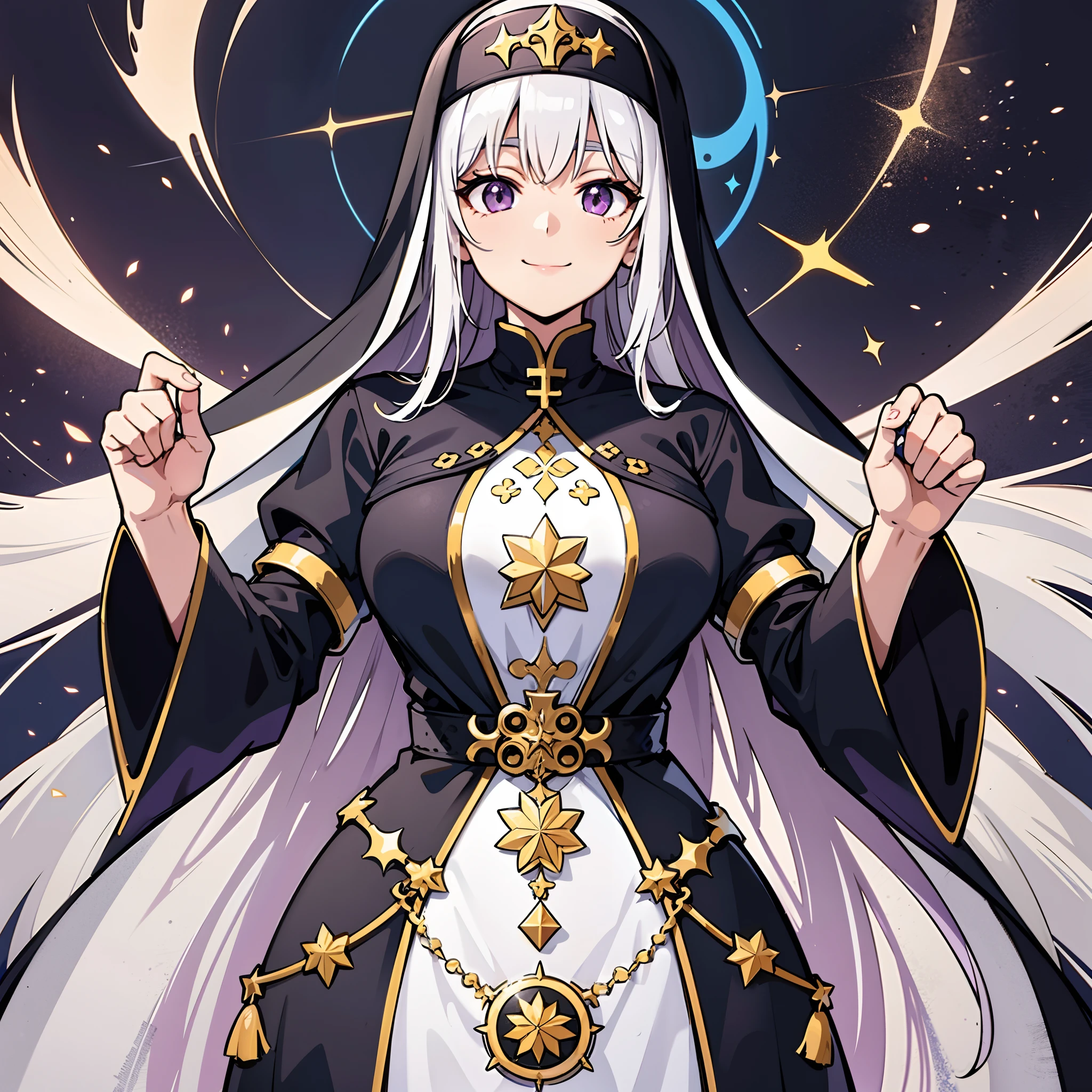 upper body, 1woman, white hair, Long Haired, purple eyes, (nun), sister, big breats, wallpaper, holy light background, light particles, hands behind the back pose, (masterpiece), best quality, closed-mouth smile, standing pose, black tunic, blue moon scapular, black veil, purple Cincture, white collar, headpiece