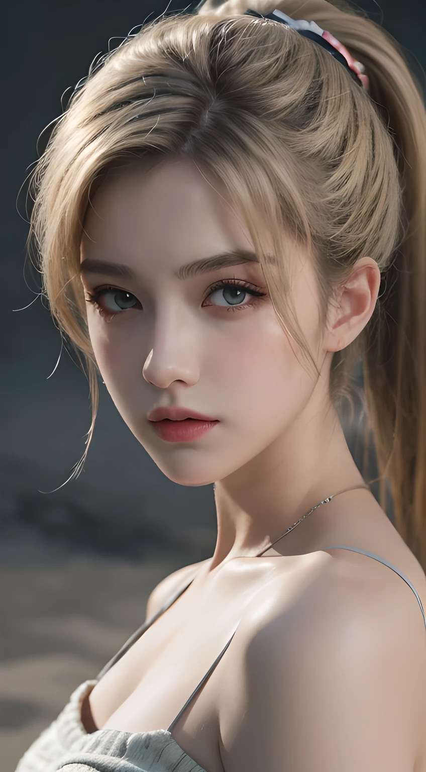 Best quality, masterpiece, ultra high res, (photorealistic:1.5), raw photo, 1 mature girl, offshoulder, in the dark, deep shadow, low key, cold light, sexy look, sand blonde ponytail hair, grey eyes