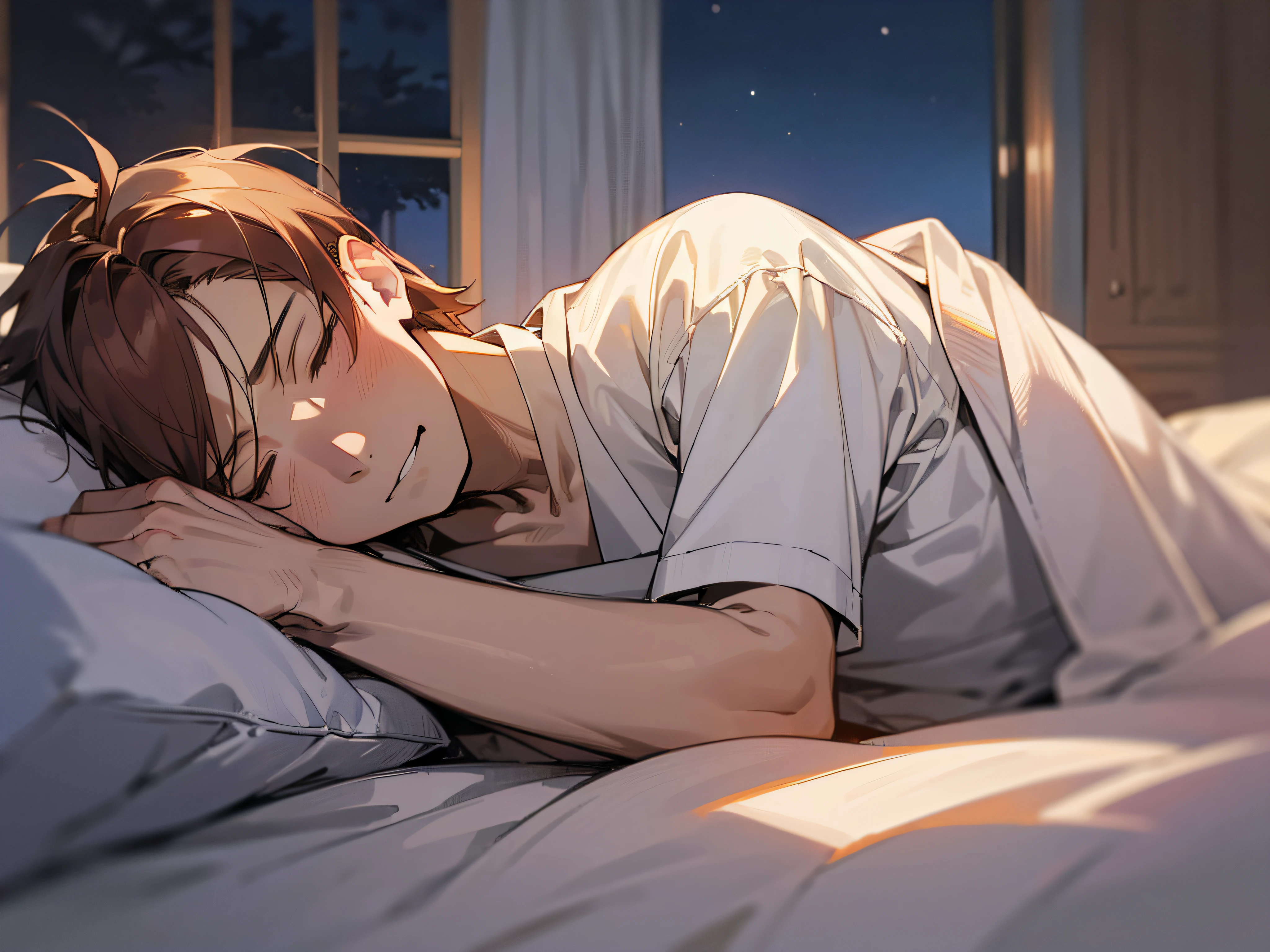 ((masutepiece,Best Quality)), 1male people, Solo, Adult, Handsome, beautifull detailed face, Sleep in a warm bed, Lying down,Anxious eyes, pajamas, blanket, PILLOWS, relaxed expression, Night sky outside the window
