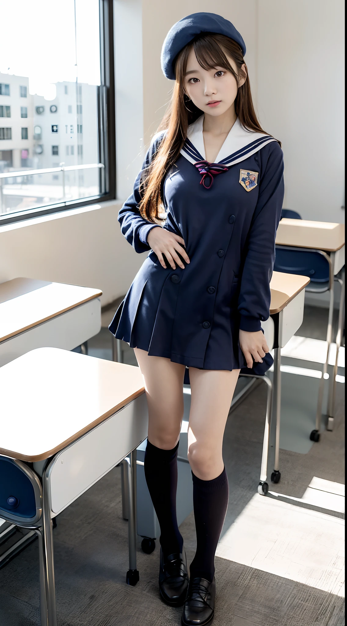 mix4, (16 K, Raw photography, Top image quality, ​masterpiece: 1.45), (realisitic, Photorealsitic: 1.37), one girls, 7．5, etc、Random hairstyle、Standing figure，Daytime、a very cute,Inside the school building,, profetional lighting, photon maping、physically-based renderingt, Gradient dark brown hair,Crisp backgrounds and high resolution, a handsome, Well-groomed and beautiful eyes、Large double eyelids、Very shiny、girl with, (((student clothes、Winter clothes、Sailor suit worn by Japan schoolgirl、Navy blue sailor color、scarf、a miniskirt, Small beret、high socks、lowfers、Frugal bag))), Top Quality Photos, hight resolution, 1080p, (clearface), (Detailed face description), (Detailed hand description), (​masterpiece), (Exquisite CG)、extreme light and shadows、dishevled hair、master work、abundant detail、(Fine facial features)、(top quality photo)、(masuter piece)、(A detailed eye)、Look in front of you、Fine clavicle、((Slender big))、(((Japan schoolgirl in sailor suit)))、((Idle system))、((school classrooms、chalk board、desk and chair、Window side))、(((neat and cute)))、耳Nipple Ring、A big smile、Drawing the whole body from the knees、Do not draw nasolabial folds、(((Long sleeve sailor suit)))、(Big breasts that hang down big:1.2)、Big buttocks with tension、Two arms and two legs、(((from the front side:0.3)))、bare hand、No mask、No skin exposure