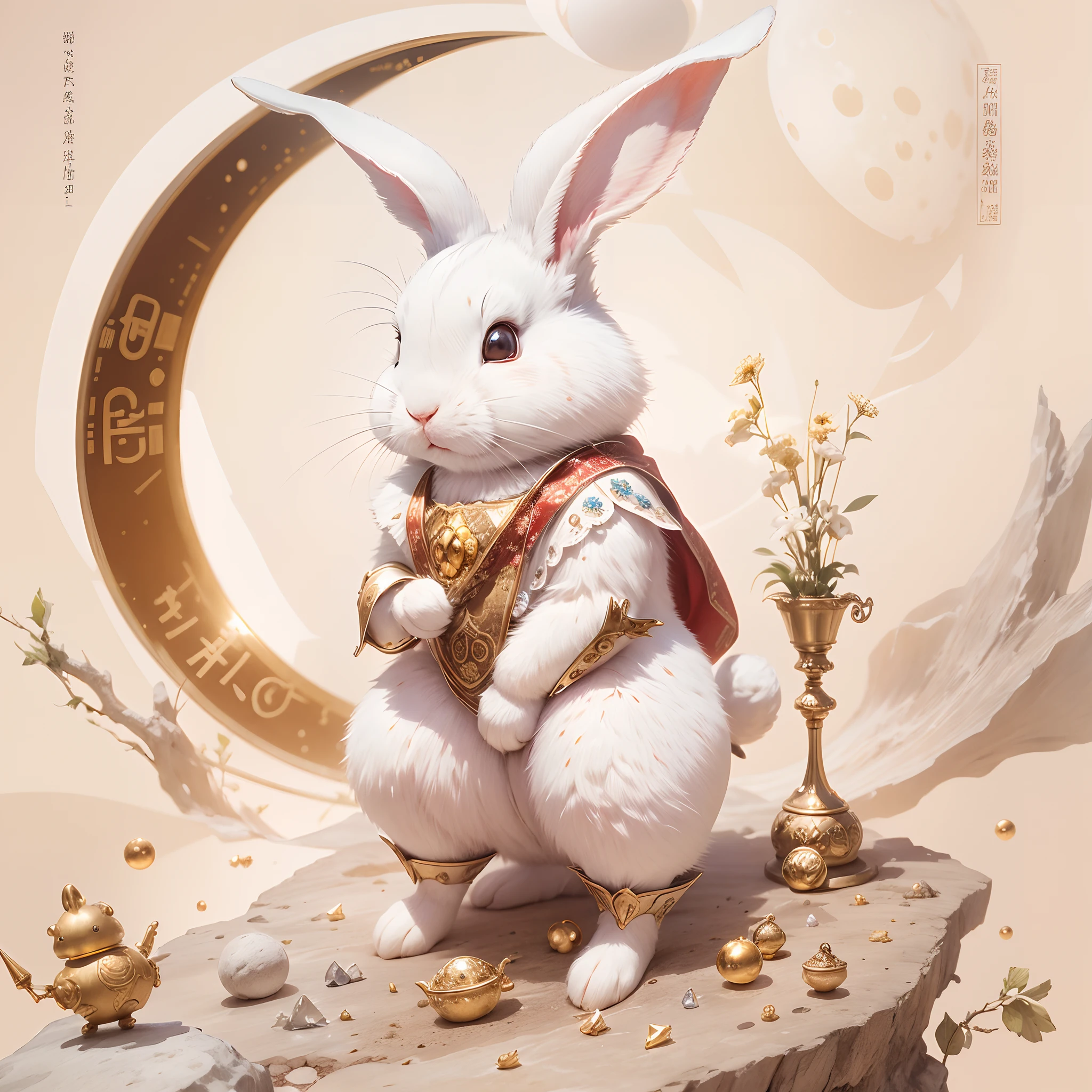 a Little white rabbit on the moon,solo,Moon environment,Studio lighting,furry bunny,The forehead is decorated with precious stones,Silver pen drawings,Clear lines,Global close-up,first person perspective,The rabbits prepare for the blessing,desks,ingredient,Chinese elements,Festive atmosphere,Golden-red,Dramatic lighting,Granular film,Ray traching,