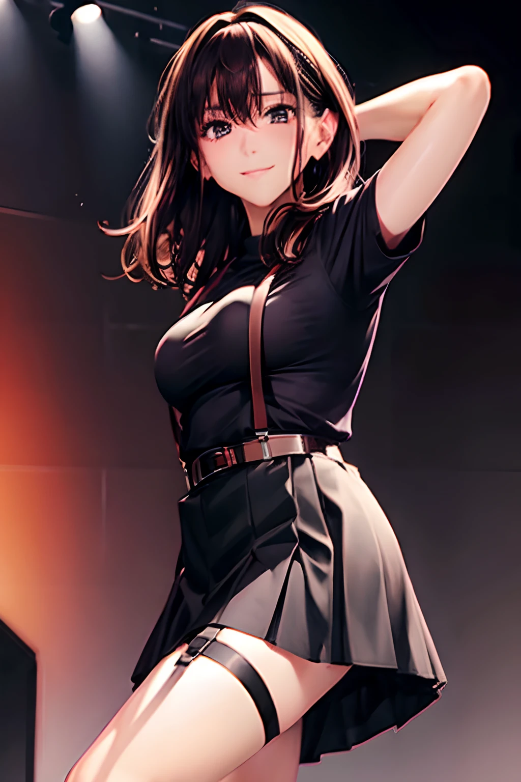 Black skirt, suspenders, Brown hair Gray eyes, Garter belt on the legs, Tight black clothes, a belt Armpit sweat Dark look Moderately breasts Holster sweat