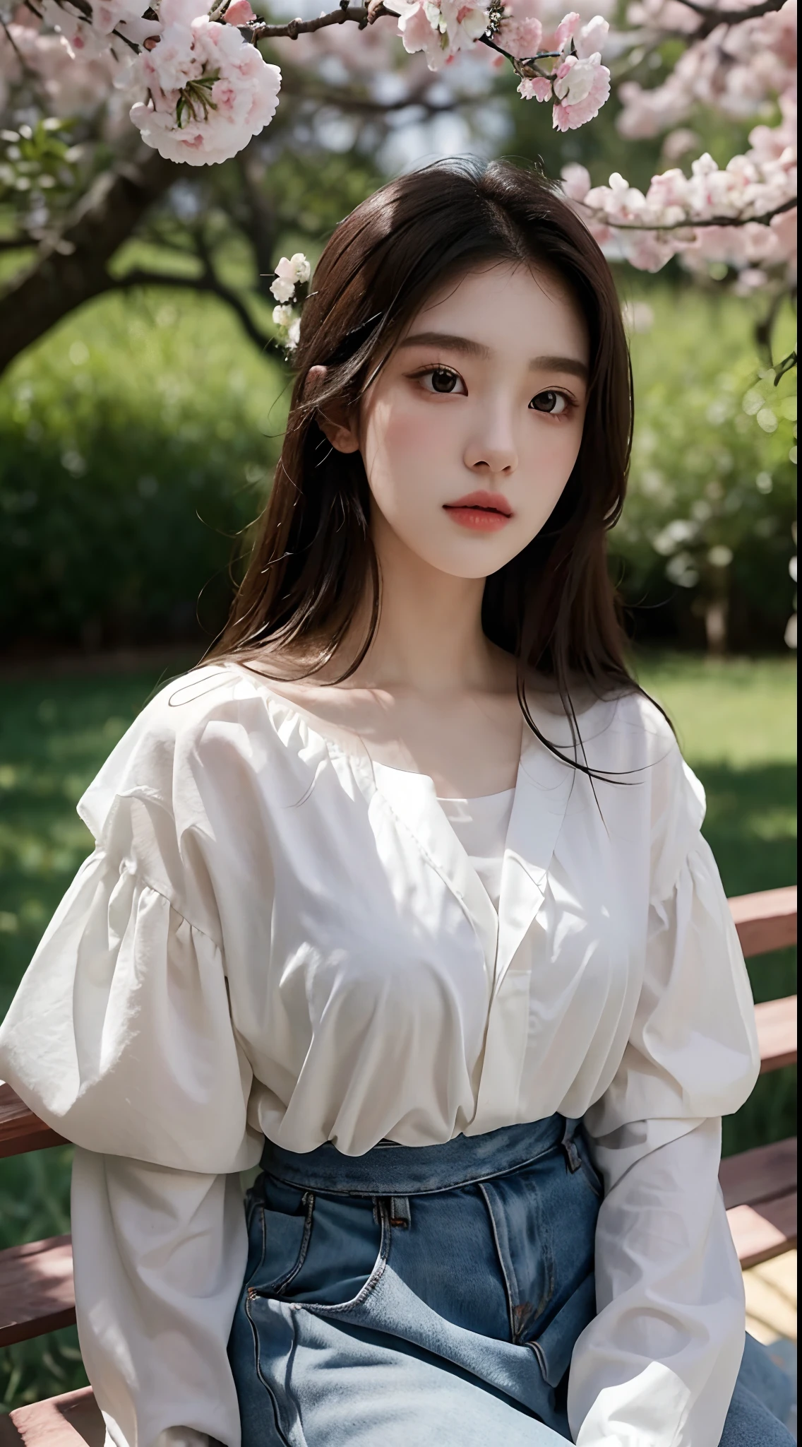 (Best quality, Masterpiece，16k), 1girll, Korean girl，18yr old，Absolutely beautiful, Amazing, In the park，Under the peach blossoms，Noble,perfect bodies, Perfect face shape，Charming eyes，Bright big eyes，二重まぶた，Long eyelashes，sensual lip，White skin，The gauze skirt flew up，Very real，goodlooking，Ethereal beauty