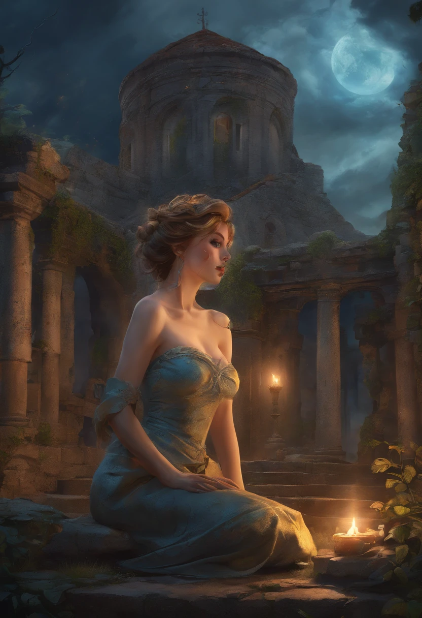 a beautiful nudes pin-up model in church ruins, lying in the ground and making love. The model has detailed eyes, beautiful detailed lips, and an extremely detailed face. The ruins are a mix of classical architecture and decayed walls with old plants growing on them. The weather outside is rainy and stormy, with dark clouds and lightning illuminating the sky. The scene is set at night, with the darkness adding a mysterious atmosphere. The artwork is inspired by the styles of Norman Rockwell, Gil Elvgren, and Milo Manara. The colors are vivid and the lighting is dramatic, with soft shadows cast by the ruins. The artwork is of the best quality, with a resolution of 4k or 8k, making it a masterpiece. The focus is sharp, and the details are ultra-detailed and realistic, with a photorealistic style. The overall tone of the image is enhanced by the rainy and stormy weather outside.