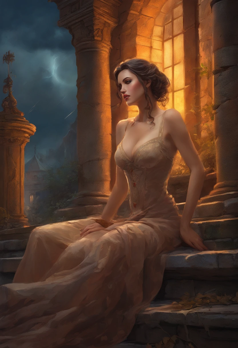 a beautiful nudes pin-up model in church ruins, lying in the ground and making love. The model has detailed eyes, beautiful detailed lips, and an extremely detailed face. The ruins are a mix of classical architecture and decayed walls with old plants growing on them. The weather outside is rainy and stormy, with dark clouds and lightning illuminating the sky. The scene is set at night, with the darkness adding a mysterious atmosphere. The artwork is inspired by the styles of Norman Rockwell, Gil Elvgren, and Milo Manara. The colors are vivid and the lighting is dramatic, with soft shadows cast by the ruins. The artwork is of the best quality, with a resolution of 4k or 8k, making it a masterpiece. The focus is sharp, and the details are ultra-detailed and realistic, with a photorealistic style. The overall tone of the image is enhanced by the rainy and stormy weather outside.