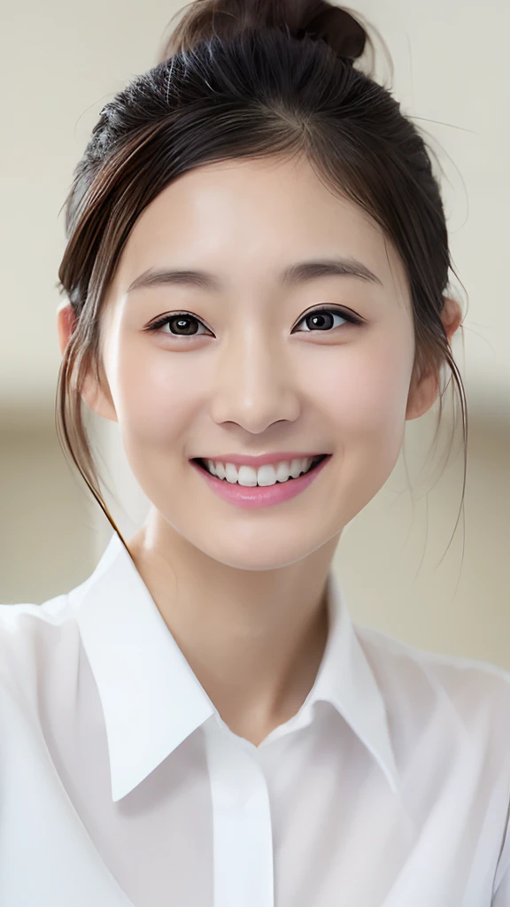 A Japanese Lady, Squeeze your with your own arms, slight smile, hair in bun, White skin, Wearing a white full open button shirt, (realistic photo shot:1.4), (Hyper-realistic:1.4), (Realism:1.3), taking shower