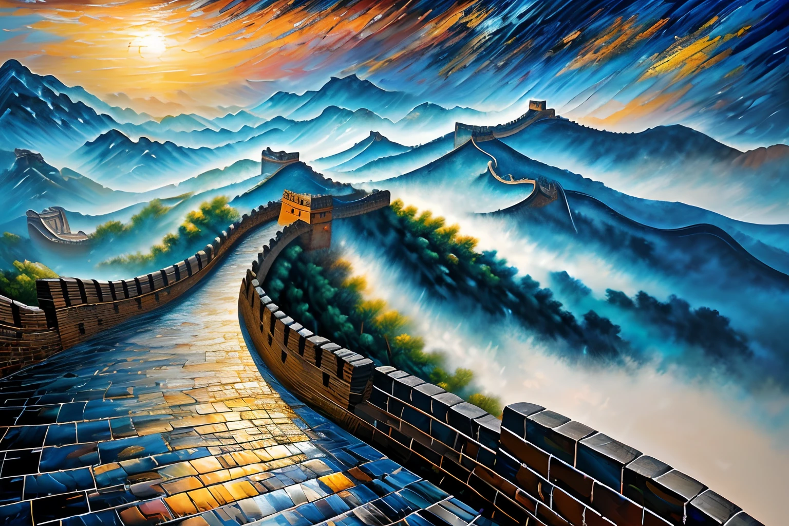 stunning piece of art, (oil painting:1.3), unique angle, beauty of the great wall of china, intricate detail. (palette knife and brush strokes:1.3), iridescent clouds, dripping coating, sand cymatics blow, solar halo, unique rendering. epic trance,