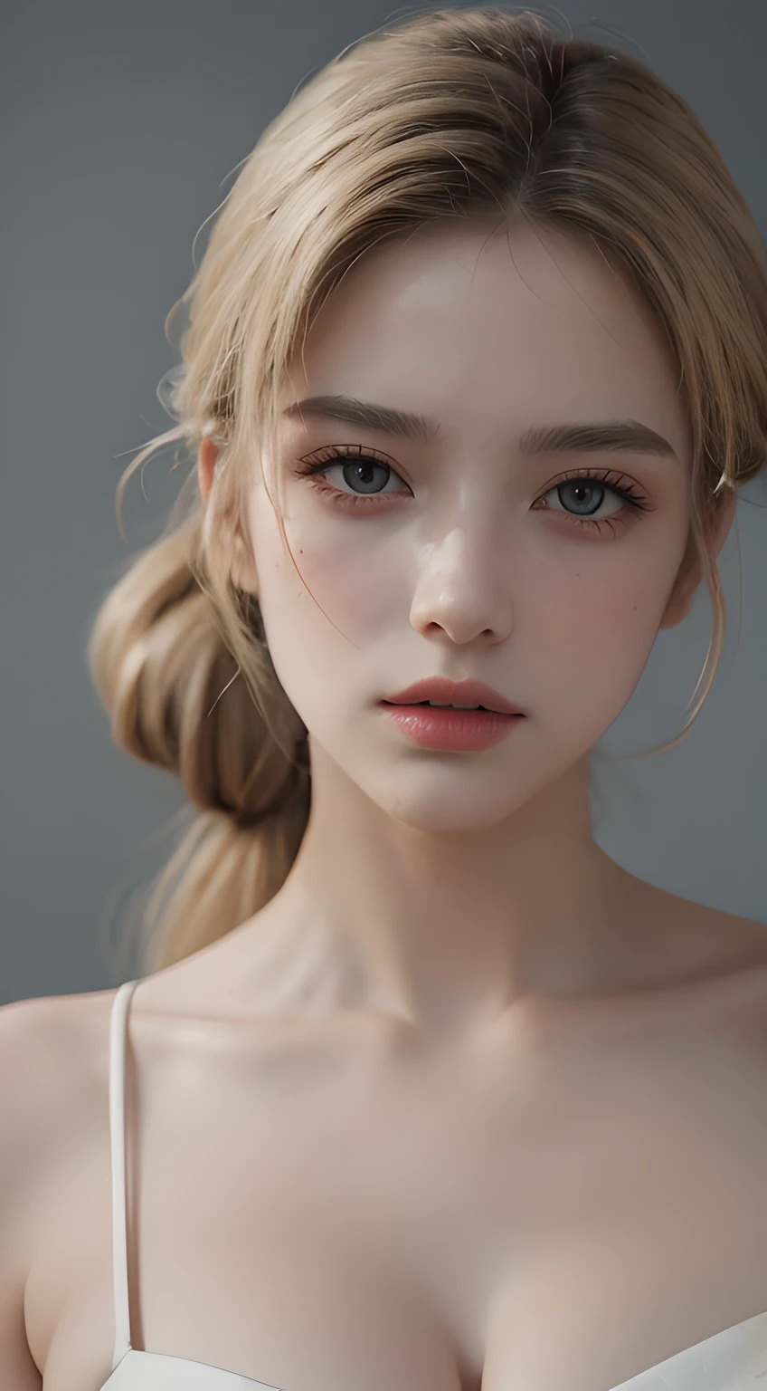 Best quality, masterpiece, ultra high res, (photorealistic:1.5), raw photo, 1 mature girl, offshoulder, in the dark, deep shadow, low key, cold light, sexy look, sand blonde ponytail hair, grey eyes