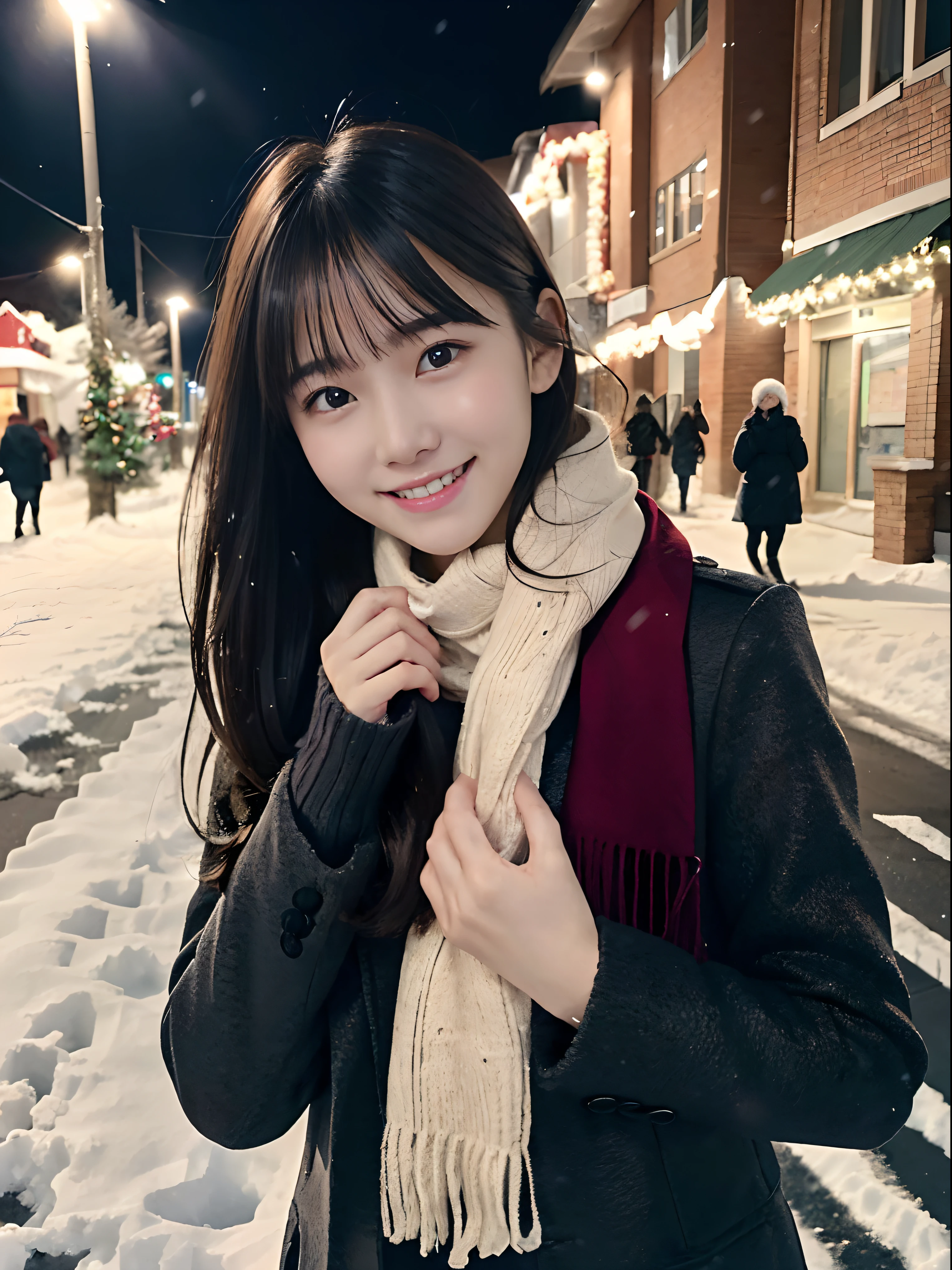 (Close-up portrait of one girl has long hair with dull bangs in a winter uniform and scarf coat:1.5)、(One girl open her arms widely with a shy smile:1.5)、(Snowing winter night street corner with Christmas lights:1.5)、(Perfect Anatomy:1.3)、(No mask:1.3)、(complete fingers:1.3)、Photorealistic、Photography、masutepiece、top-quality、High resolution, delicate and pretty、face perfect、Beautiful detailed eyes、Fair skin、Real Human Skin、pores、((thin legs))、(Dark hair)