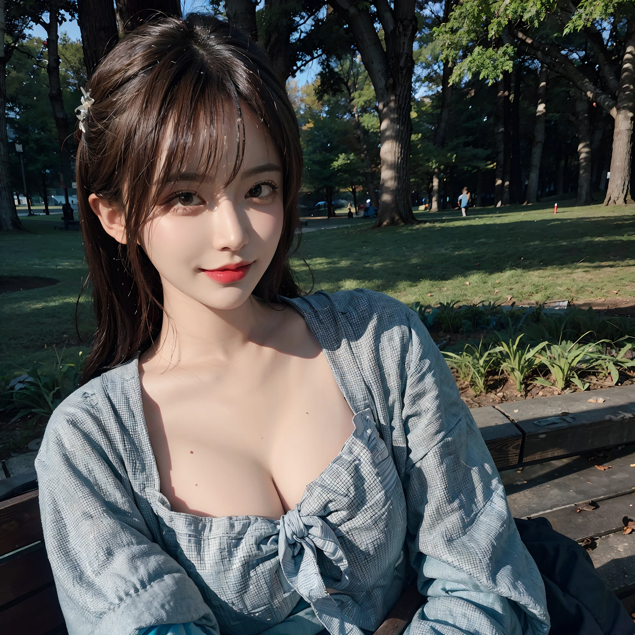 Araffe asian woman sitting on a bench in a park - SeaArt AI
