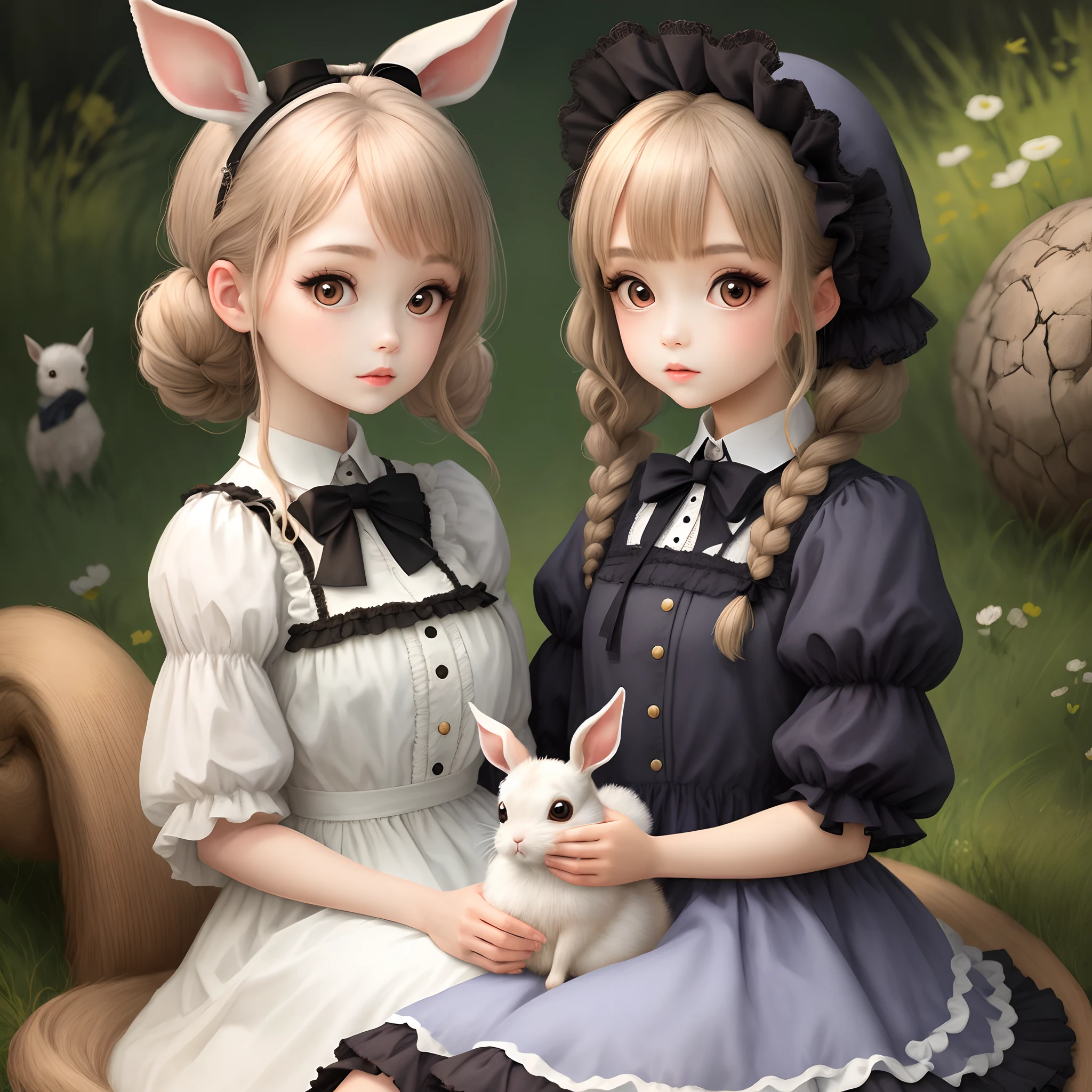 Double ponytailed ta girl holding rabbit with big eyes