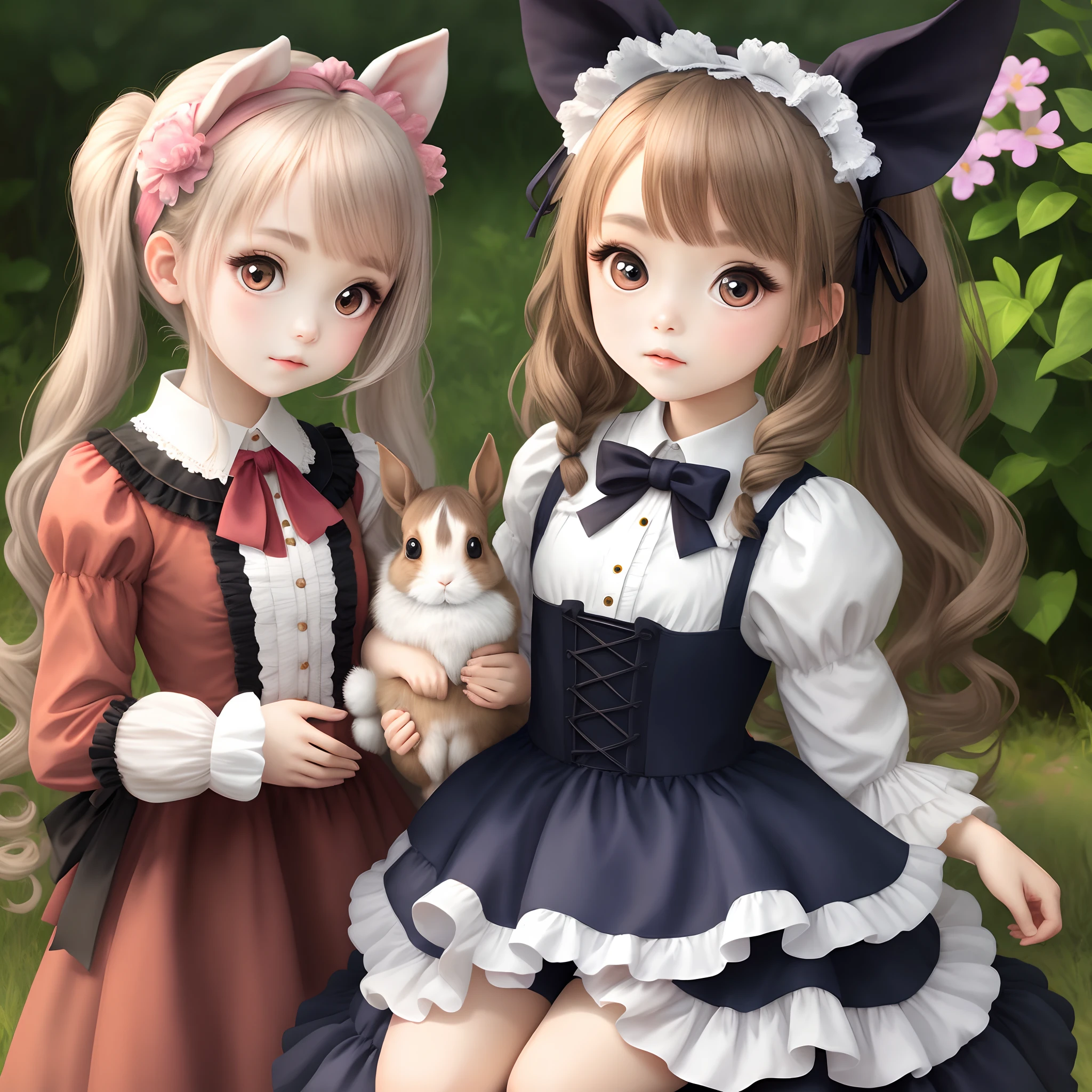 Double ponytailed ta girl holding rabbit with big eyes