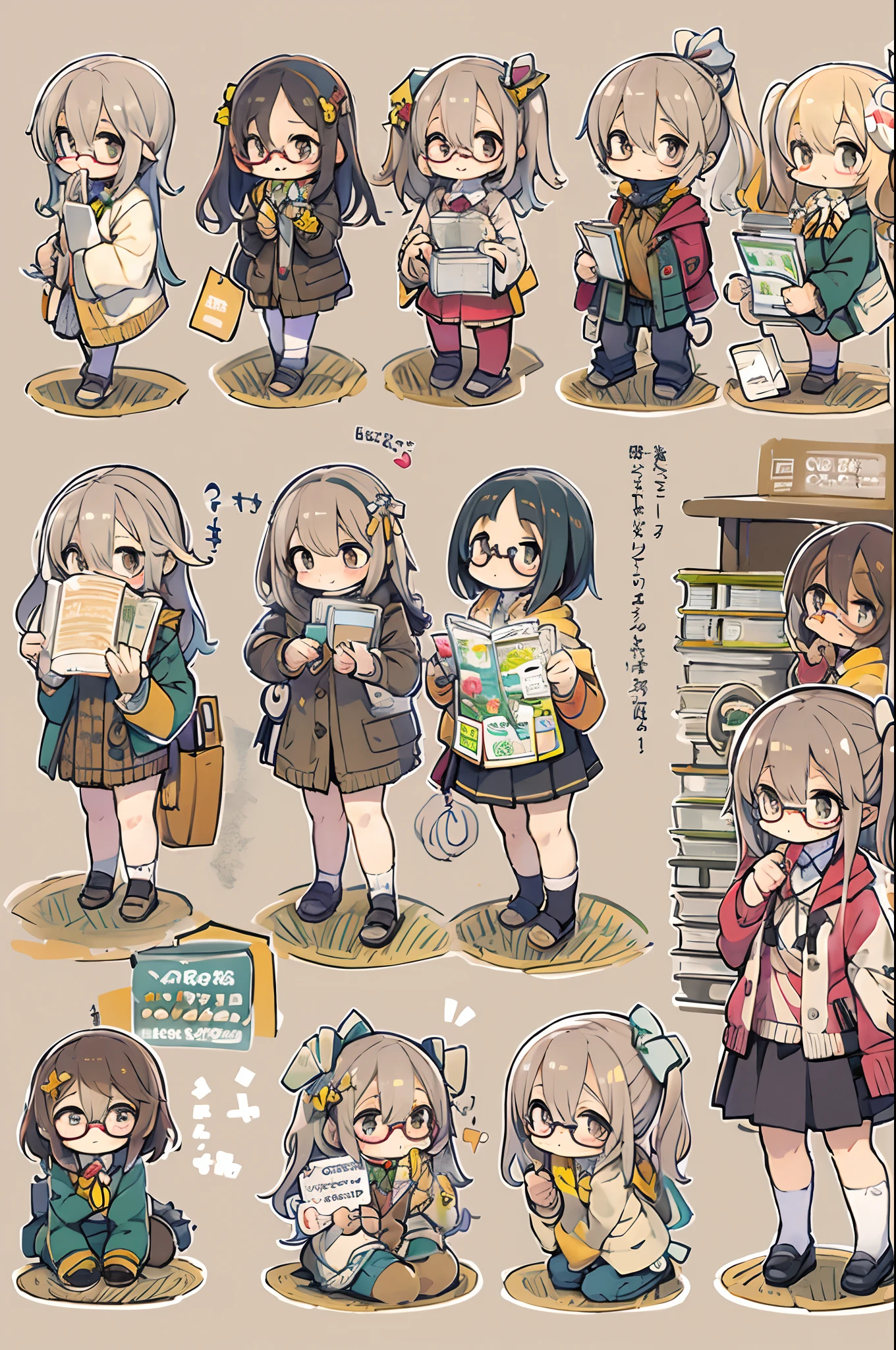 Huge library、1 librarian、One Woman、small round glasses、huge-breasted、Chibi