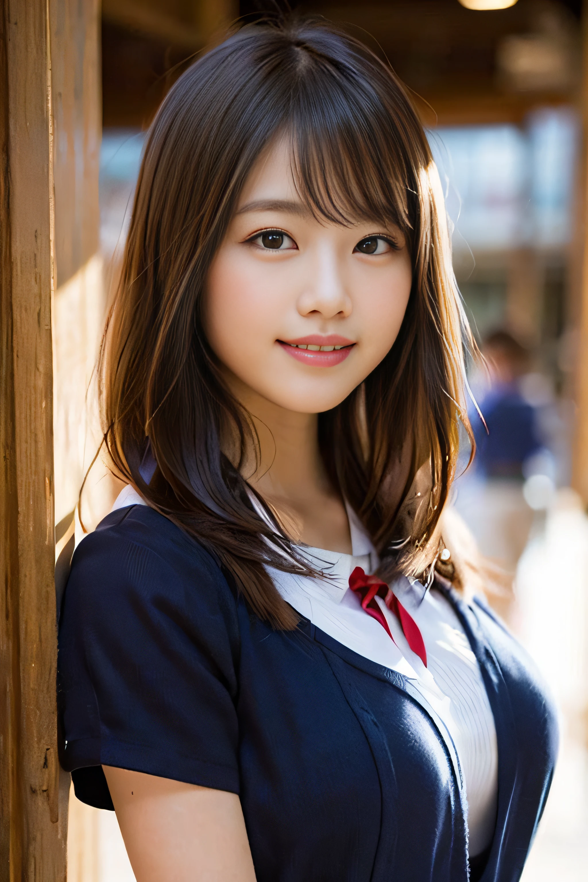 (8K、Raw photography、top-quality、masterpiece:1.2)、(realisitic、Photorealsitic:1.37)、ultra-detailliert、超A high resolution、女の子1人、see the beholder、beautifull detailed face、A smile、Constriction、(Slim waist) :1.3)、Beautiful detailed skin、Skin Texture、Floating hair、Professional Lighting、Whole human body、Longhaire、a blond、Day Japan High School Uniforms、hi-school girl、school classrooms、、E Cup Breast、Shy smile、a baby face、Boppy smile、Chest protruding pose、Red ribbons、There is a village frame pure