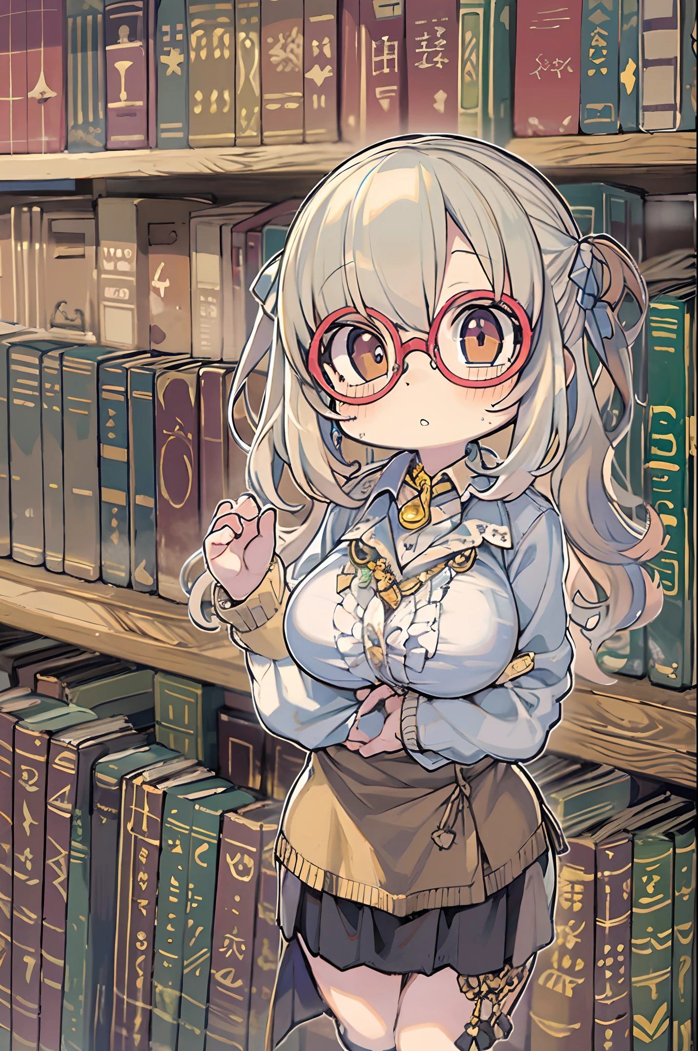 Istoire、Huge library、1 librarian、One Woman、small round glasses、bbw