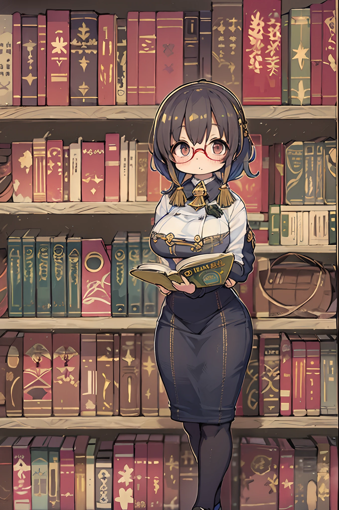 Huge library、1 librarian、One Woman、small round glasses、huge-breasted、Chibi
