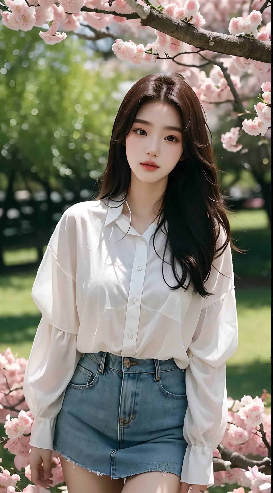 (Best quality, Masterpiece,16k), 1girll, Korean girl,18yr old,Absolutely beautiful, Amazing, In the park,Under the peach blossoms,Noble,perfect bodies, Perfect face shape,Charming eyes,Bright big eyes,二重まぶた,Long eyelashes,sensual lip,White skin,The gauze skirt flew up,Very real,goodlooking,Ethereal beauty