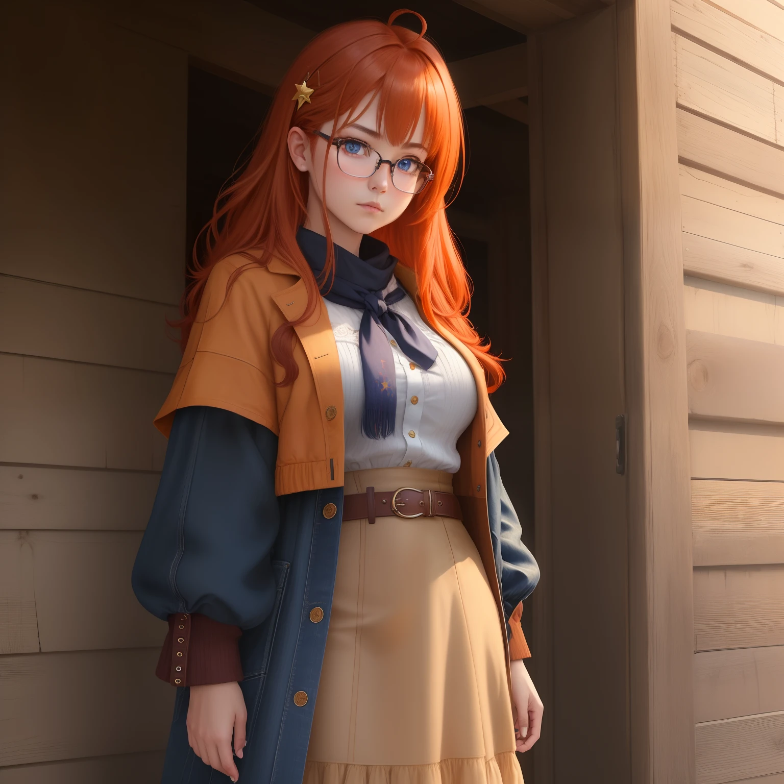 8k, masterpiece, best quality, realistic, higly detailed, cowboy shot, 1girl, solo, itsuki, serious looking girl, medium-length hair, expressive ahoge, reddish-orange hair, a pair of star-shaped hairpins near both of her eyes, dark blue eyes, average height, well-endowed figure, glasses, cute, autumn clothes