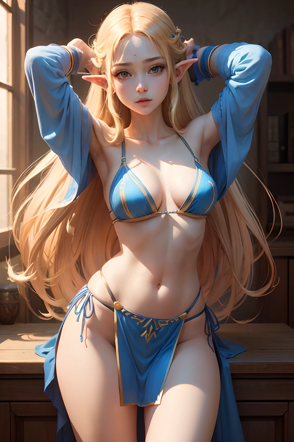 masterpiece,best quality,zelda\(princess\), 1girl, solo, (young_girl) breasts, long_hair,panties_dress, armpit, no_panties, big_legs, no_bra, bikini_dress.