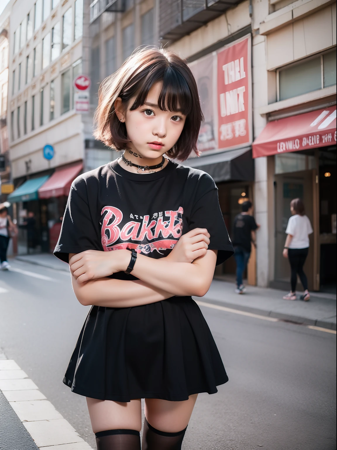 (A 12-year-old girl),Black and red punk rock,blush,Knees,A dark-haired