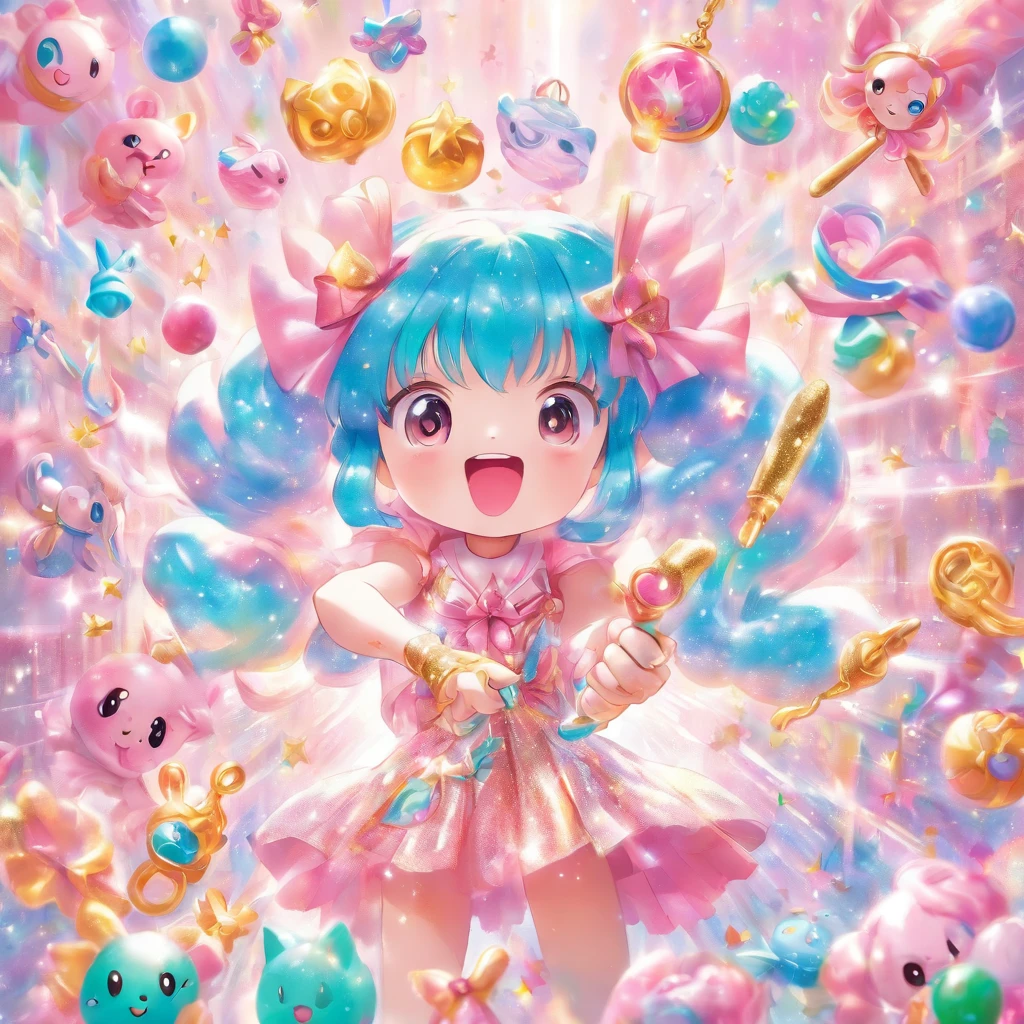 Lots of Girl Toys Glitter Cute Magical Girl Makeover Items Plastic Toys Magic Wand Magic Compact Pastel Colors Pop Art --ar 1:1 --niji 5