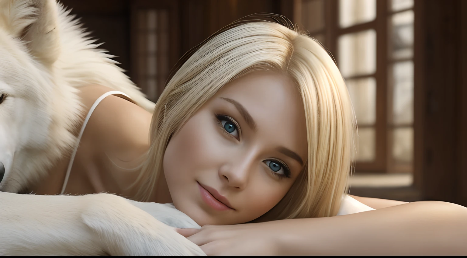 a blonde young european woman friendly and intimate with a white wolf, close up, ultra realistic
