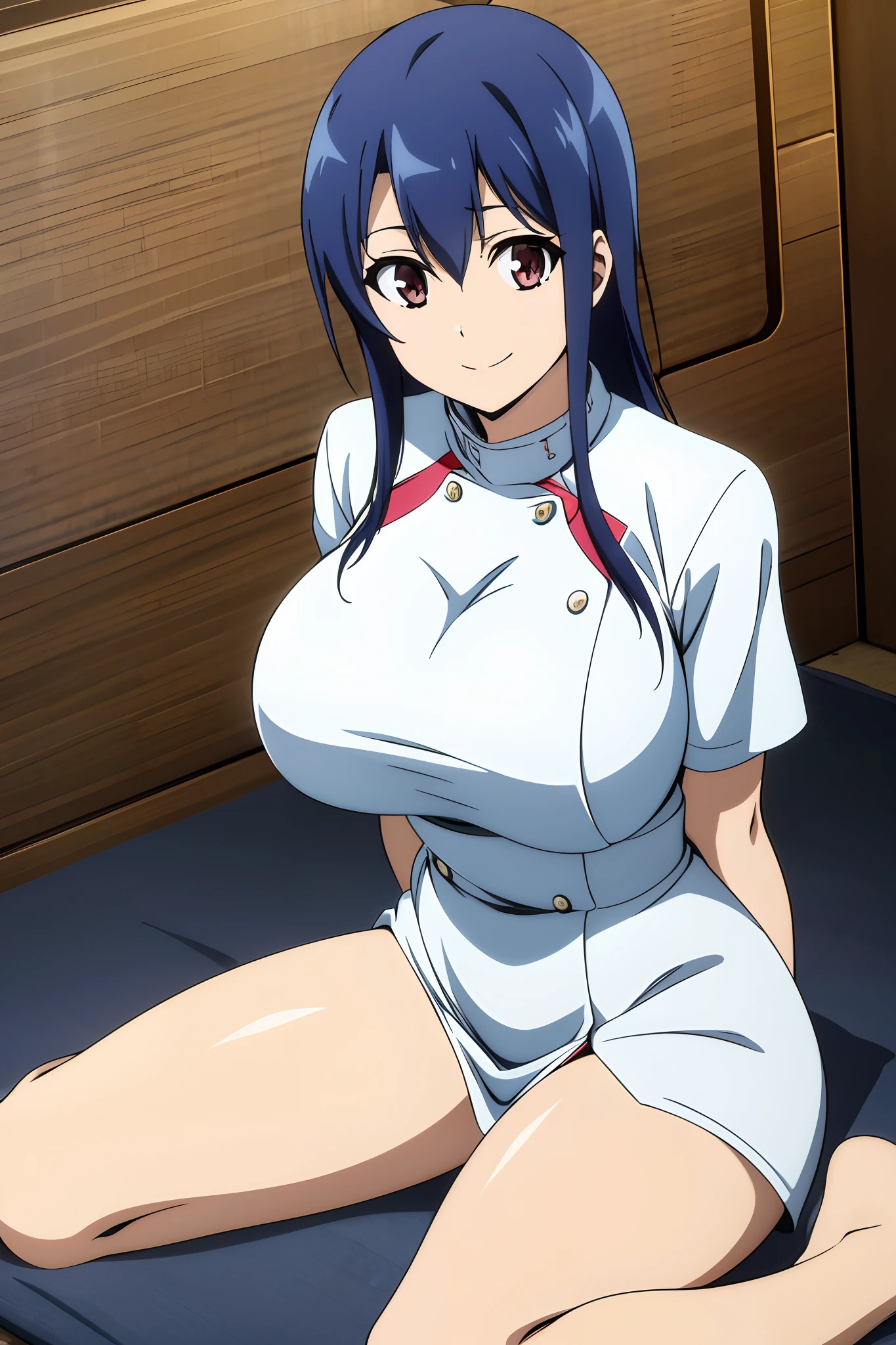 masutepiece, Best Quality,1girl in, (Solo:1.3),Blue hair color、Long hair、(Huge breasts:1)、nurse's outfit,A smile