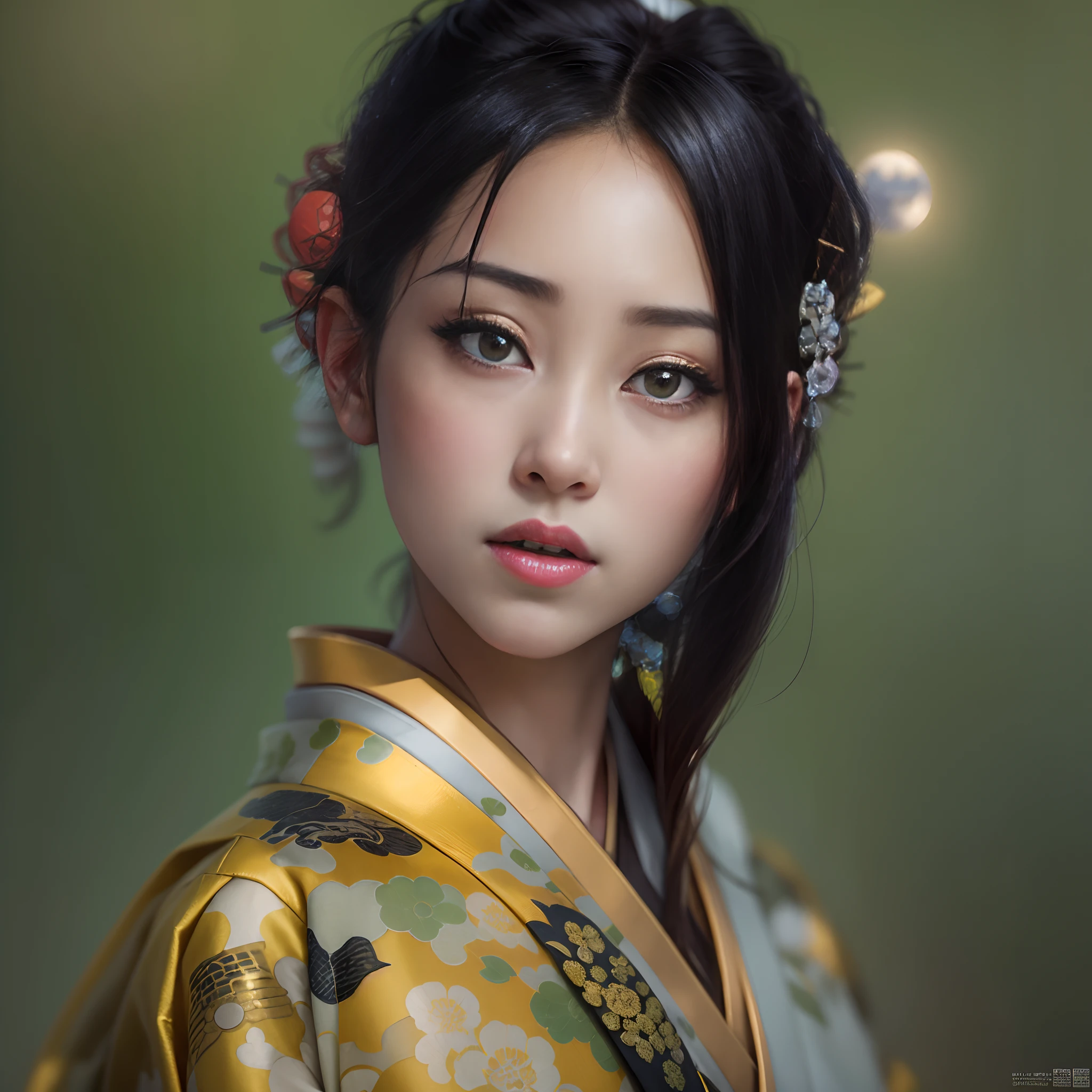 watching at viewers、Background with((The ancient capital of Japan:1.5)And the moon、((dense background))),BREAK {{{Luxury kimono(Colorful kimono(Detailed golden embroidery,))}}}、face perfect,Depict a beautiful and graceful woman of Japan。(poneyTail:1.5)、Woman with shiny black hair、perfect hand、Heart in the eye,Large breasts,full body Esbian。 Wallpaper 16K, .Blur the background with a sickle,((masutepiece)), ((Best Quality)),epicd(Lige Fries Photography、sony a7、50 millimeters、pores:1.5、Farbe、(ultra-detailliert:1.5)、(film grains:1.4)、(hyper realisitic:1.8))、octan render、 ultra realistic lifelike textures、masterpiece、unrealengine5、the Extremely Detailed CG Unity 8K Wallpapers、Madly detailed photo、Ultra-realistic light、(Pulitzer Prize for Best Photography、Taylor Wessing Award for Best Photography)