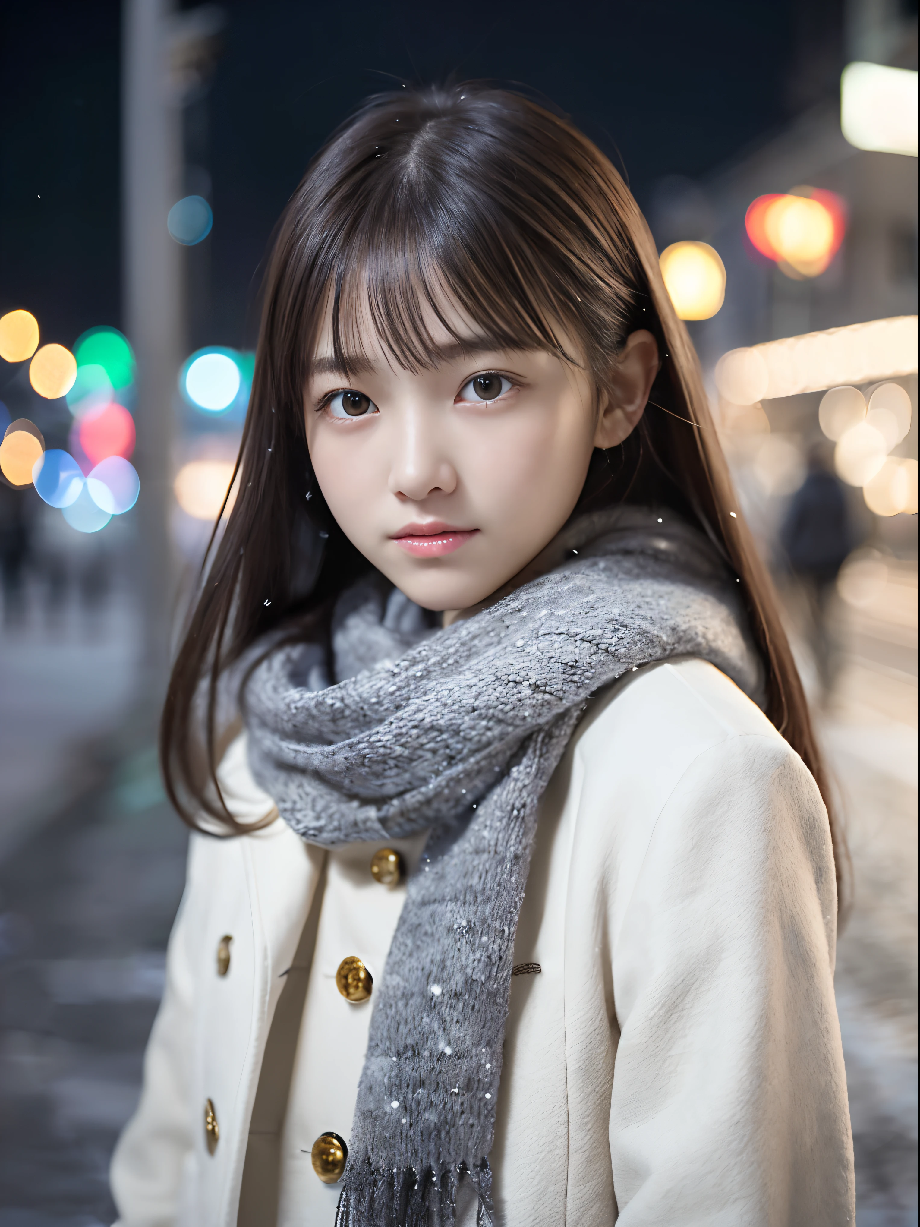 (Close-up face shot from behind of one slender girl has long hair with dull bangs and a gray scarf white winter coat in winter uniform:1.5)、(One girl turned around with very sad face and her hair flutter in the wind :1.5)、(Snowing winter night street corner with Christmas lights:1.5)、(Perfect Anatomy:1.3)、(No mask:1.3)、(complete fingers:1.3)、Photorealistic、Photography、masutepiece、top-quality、High resolution, delicate and pretty、face perfect、Beautiful detailed eyes、Fair skin、Real Human Skin、pores、((thin legs))、(Dark hair)