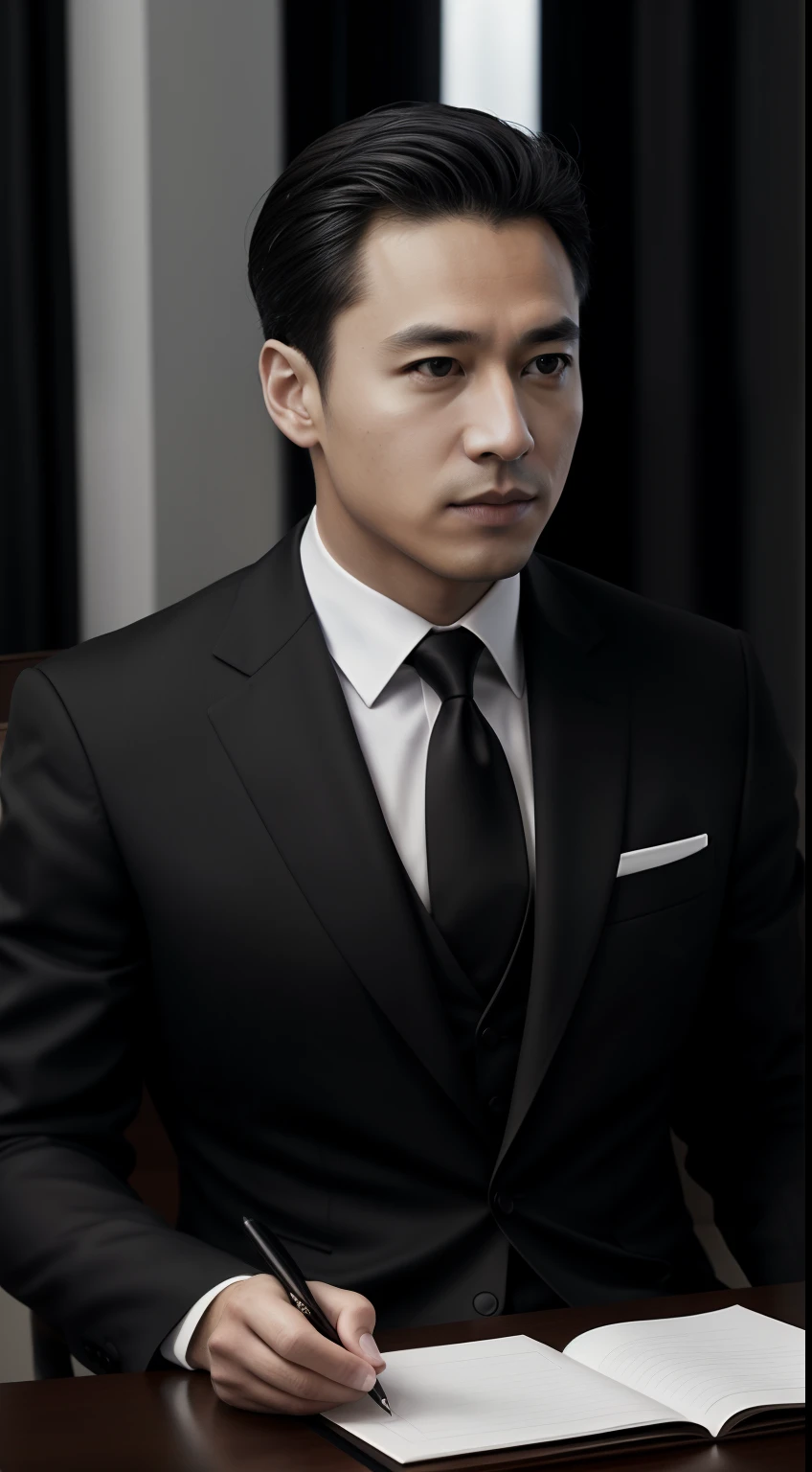 Masterpiece, Superb work, ,In black suit, 中景 the scene is,Male President, Perfect male, , Brown eyes, Intellectual faces,Sitting at your desk