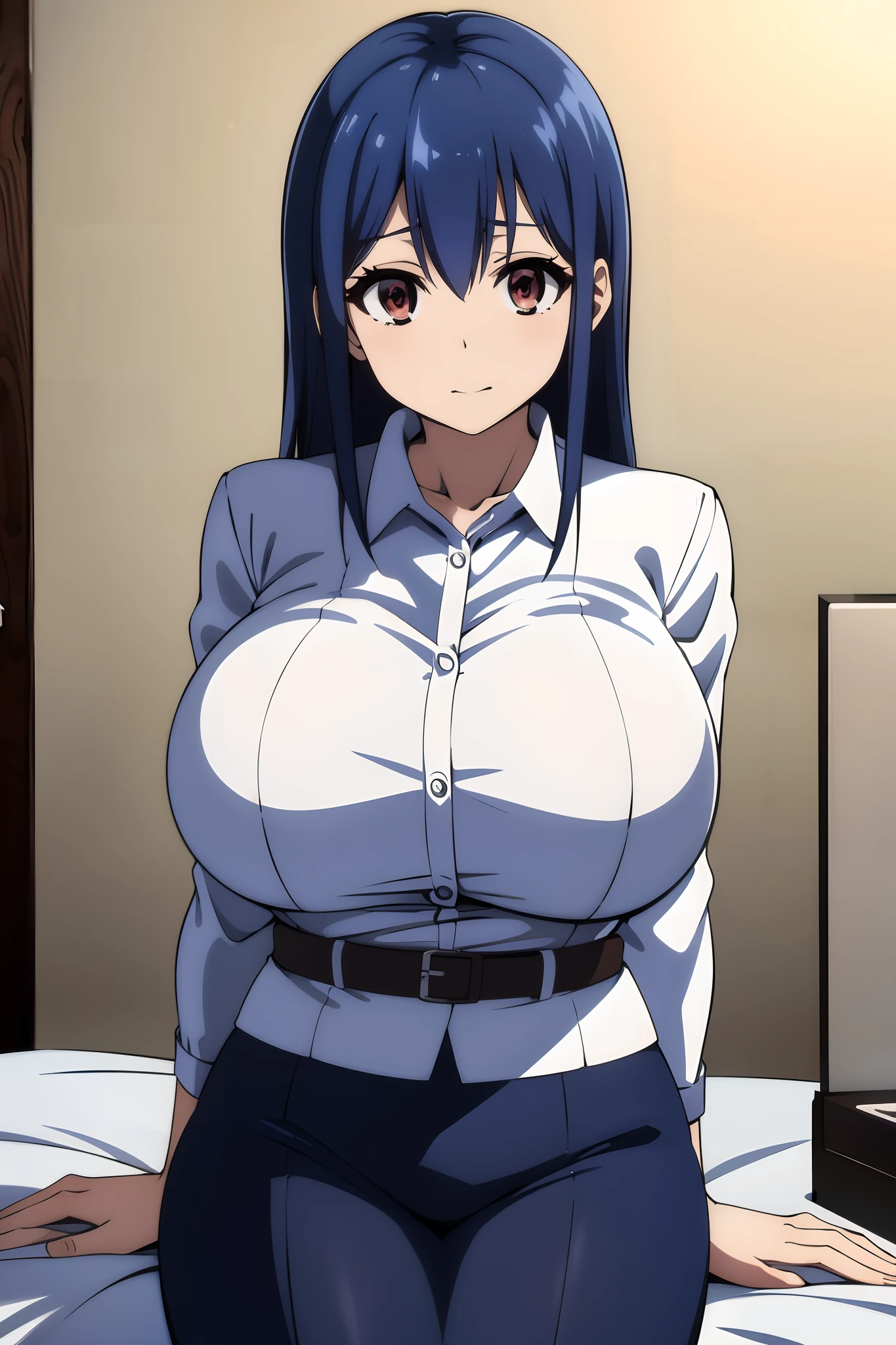 masutepiece, Best Quality,1girl in, (Solo:1.3),Blue hair color、Long hair、(Huge breasts:1)、white shirt,OL,Nursing clothing