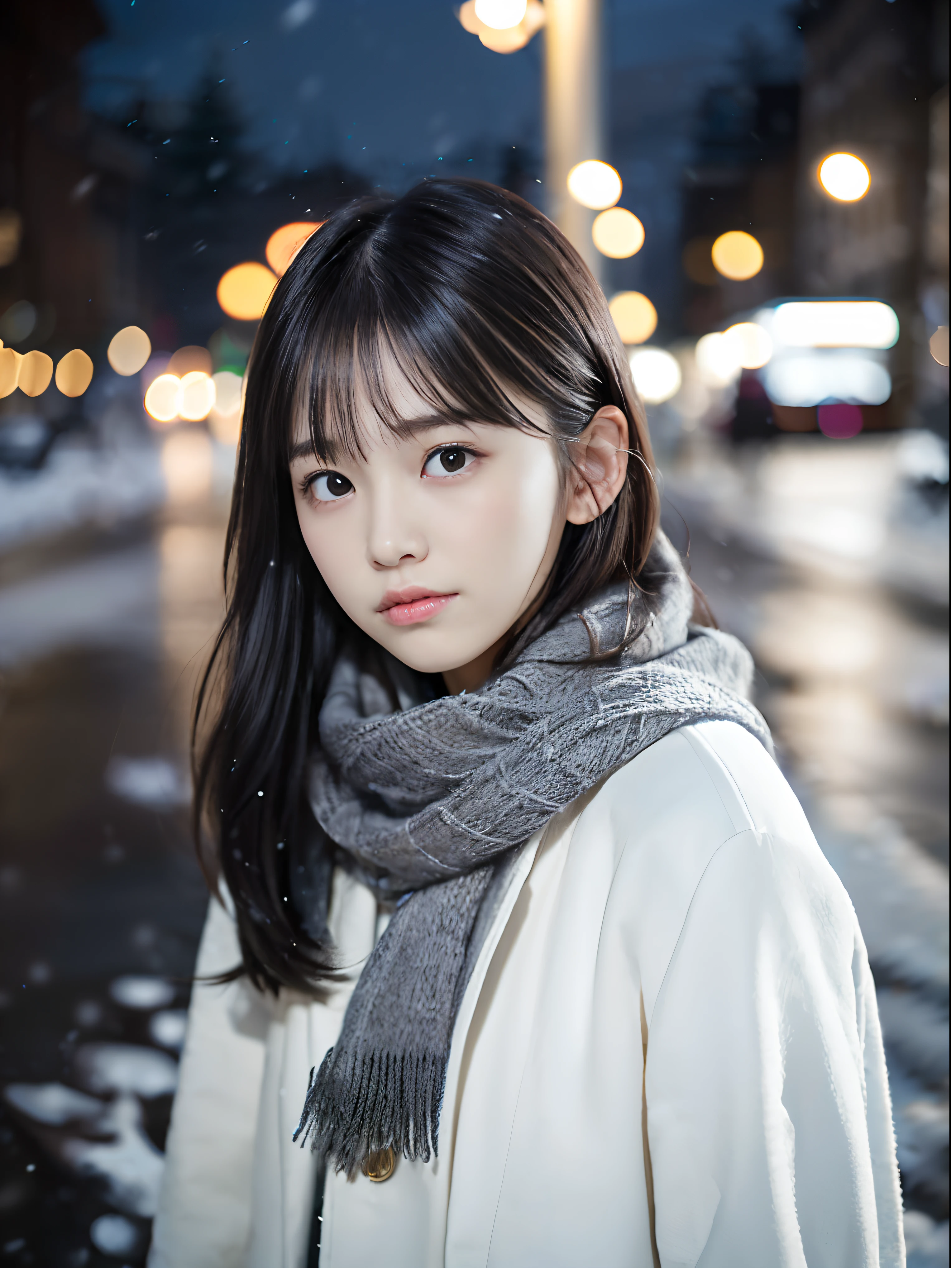 (Close-up face shot from behind of one slender girl has long hair with dull bangs and a gray scarf white winter coat in winter uniform:1.5)、(One girl turned around with very sad face and her hair flutter in the wind :1.5)、(Snowing winter night street corner with Christmas lights:1.5)、(Perfect Anatomy:1.3)、(No mask:1.3)、(complete fingers:1.3)、Photorealistic、Photography、masutepiece、top-quality、High resolution, delicate and pretty、face perfect、Beautiful detailed eyes、Fair skin、Real Human Skin、pores、((thin legs))、(Dark hair)