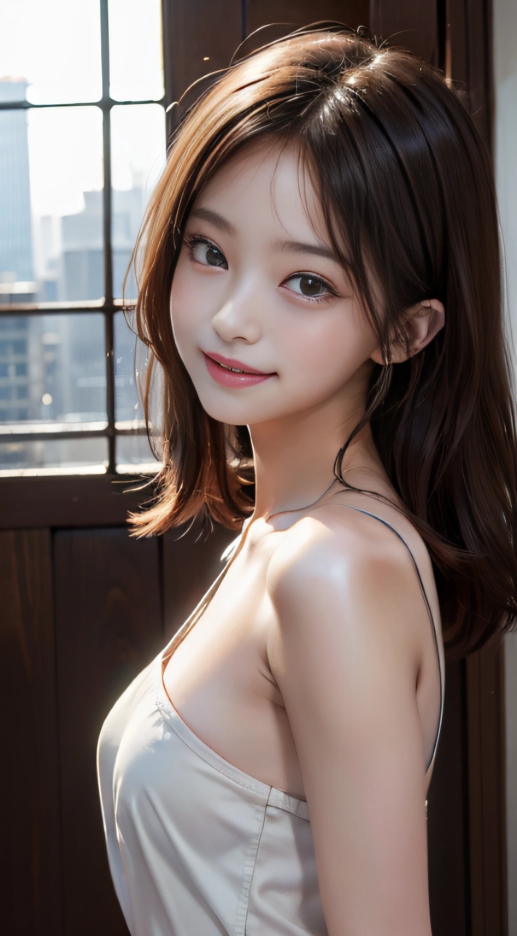 ( nipples visible)、highest quality、highest quality、real、unity、8k wallpaper、official art、Highly detailed CG unity 8k wallpaper、Super detailed、High resolution、Physically based rendering、Super detailed,wonderful, fine details,1 girl、(medium hair)、(smile face:1.1)、slim face、pretty lady、Super detailedな顔、detailed eyes、double eyelid、Look up、(glowing skin)、(sun kissed skin)、(realな肌)、background is blurred、(from navel to head)、frontage、slim face、Morning park、professional lighting、(light on the face:1.5)、best light,chest stands out、beautiful navel、(((Only the upper body is naked,From above)))