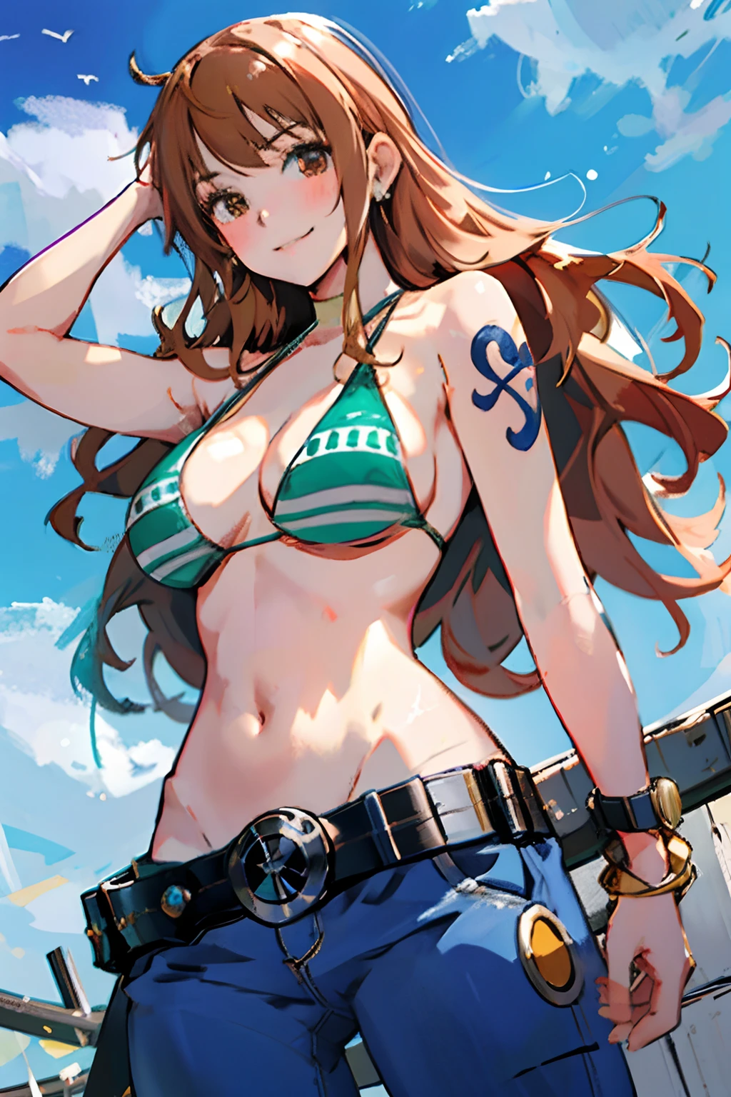 detailed background, masterpiece, best quality, 1girl, solo, nami \(one piece\), 1girl, bangle, bangs, bare shoulders, belt, bikini, bikini top only, blue sky, bracelet, breasts, brown eyes, bubble, cleavage, cloud, cowboy shot, day, denim, earrings, floating hair, green belt, green bikini, groin, jeans, jewelry, large breasts, log pose, long hair, looking at viewer, navel, orange hair, pants, shoulder tattoo, sidelocks, sky, smile, solo, standing, stomach, swimsuit, tattoo , looking at viewer