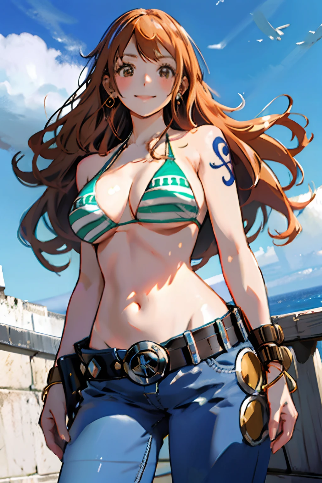 detailed background, masterpiece, best quality, 1girl, solo, nami \(one piece\), 1girl, bangle, bangs, bare shoulders, belt, bikini, bikini top only, blue sky, bracelet, breasts, brown eyes, bubble, cleavage, cloud, cowboy shot, day, denim, earrings, floating hair, green belt, green bikini, groin, jeans, jewelry, large breasts, log pose, long hair, looking at viewer, navel, orange hair, pants, shoulder tattoo, sidelocks, sky, smile, solo, standing, stomach, swimsuit, tattoo , looking at viewer