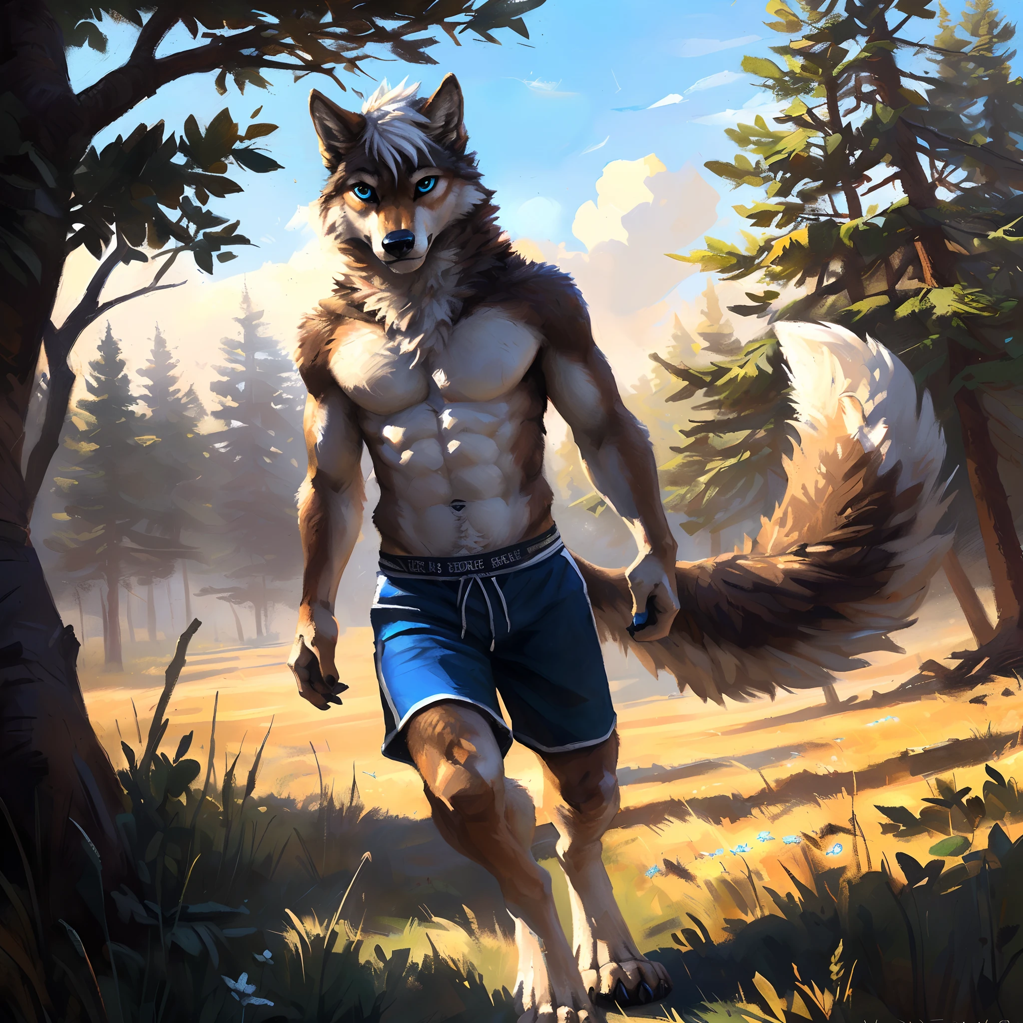 ((Solo)), male people, anthro wolf, (Multi-colored fur, White-brown:1.3), ((Wolf face, White hair, Big eyes, White eyelids, Blue pupil, Slim:1.2) (Tough, Calm expression:1.2)), Abs, Slim, pinging)), (Correct anatomy), (Work shorts:1.1), (Contour bone:1.2), The upper body is naked, (detailed outfits),A big tail,Feet,(Realistic fur, Detailed fur texture, labeled:1.3)), (Natural lighting), Photorealistic, Hyperrealistic, ultradetailed, by Kenket,Endless grasslands,No artificiality,erect through,Running on
