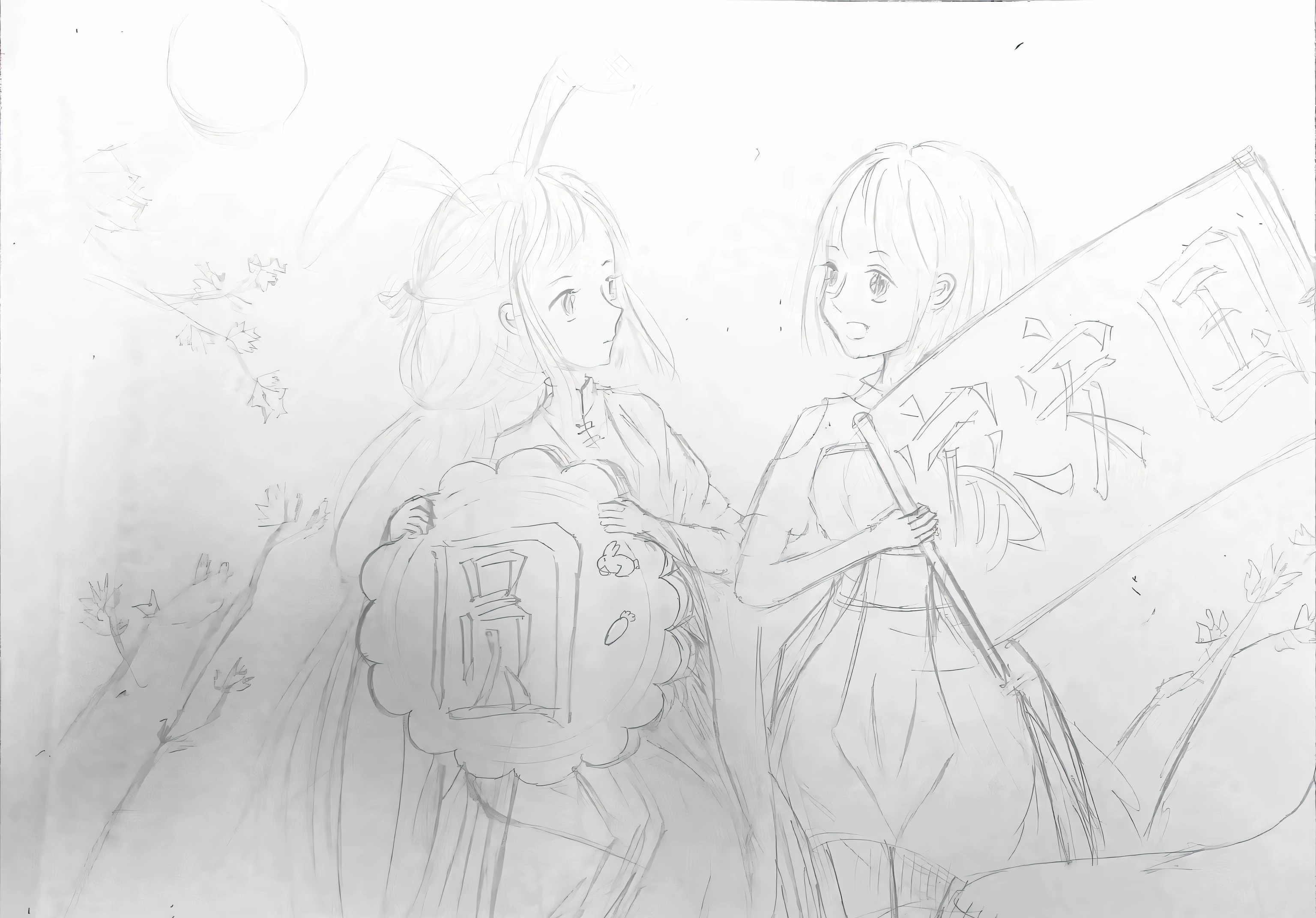 Two girls carrying backpacks and sketches of a book, inspired by Tosa Mitsuoki, by Kamagurka, author：Ei-Q, anime sketch, author：Love light, Inspired by the China Expo Park, flat anime style shading, traditional drawing style, Line sketch!!, Rough sketch, author：Middle Bokuhn