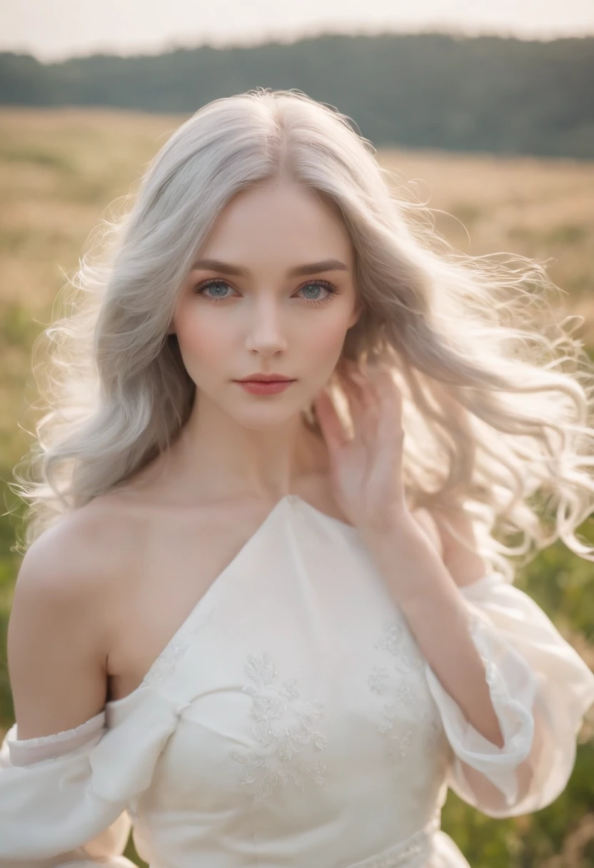 Silver hair color,Long,waved hair,Big, crisp blue eyes,bangss,angelicales,Women around 20 years old,Holy,Deities々Right,I'm glaring,Angel wings,Circle of Angels,Turning around,White dress,grass field,the morning sun,Red Rose,