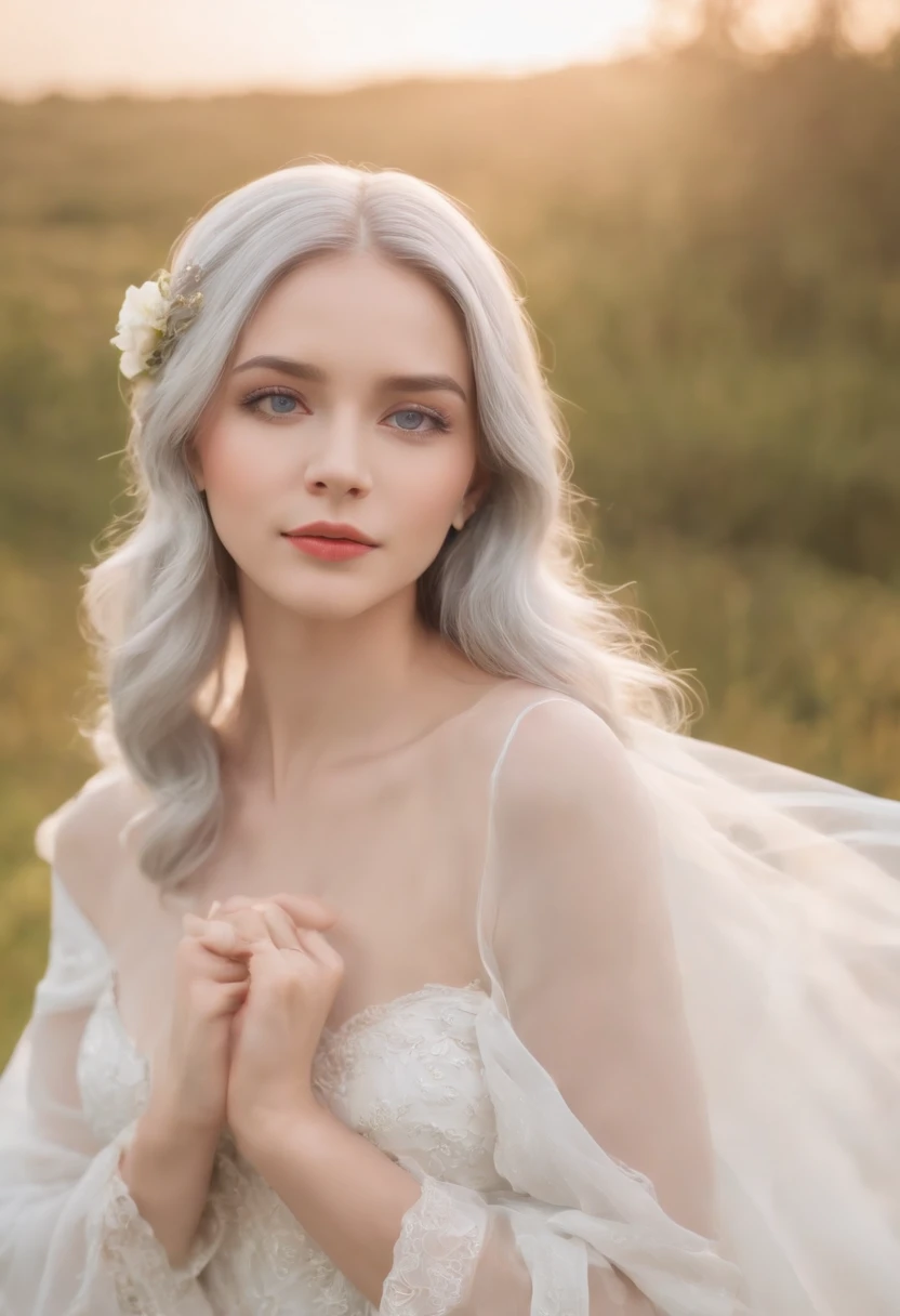 Silver hair color,Long,waved hair,Big, crisp blue eyes,bangss,angelicales,Women around 20 years old,Holy,Deities々Right,I'm glaring,Angel wings,Circle of Angels,Turning around,White dress,grass field,the morning sun,Red Rose,