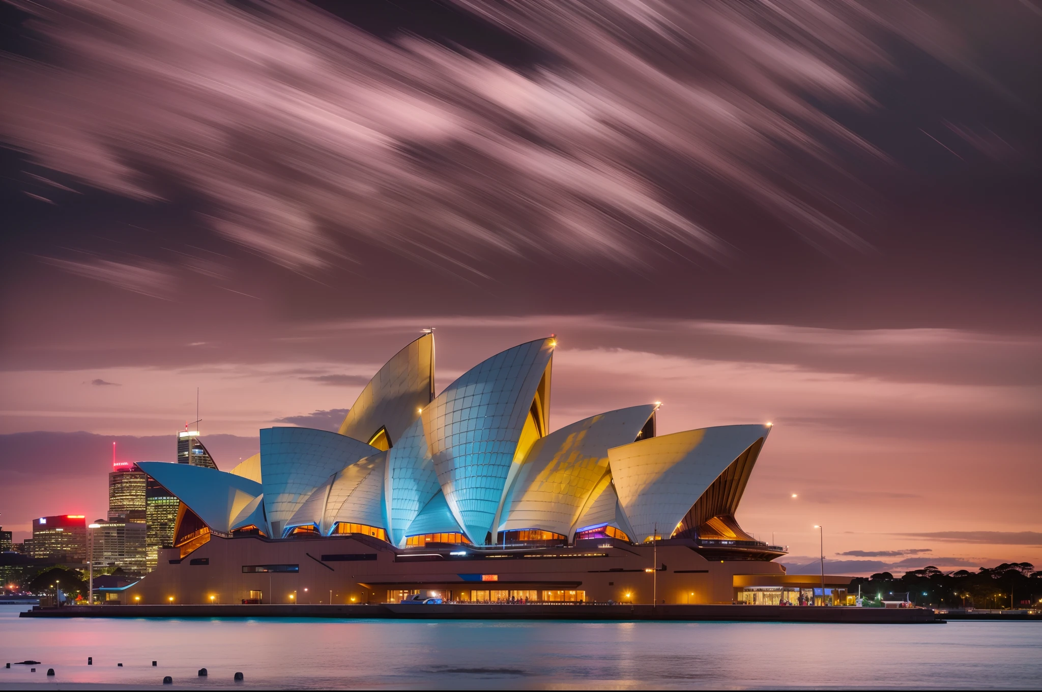 (a beautiful night view of the Sydney Opera House, vibrant colors, picturesque)(best quality, highres:1.2),ultra-detailed,sharp focus,HDR,studio lighting,physically-based rendering,vivid colors,glowing sunset,orange and pink hues,picturesque sky,the iconic sails,a masterpiece of engineering,glittering windows,impressive structure,tourists enjoying the view,captivated by its beauty, [magnificent] skyline,austere and modern buildings around, sleek design,symmetry and elegance, silhouettes of people taking a walk, [blurred motion] of boats passing by, unforgettable experience,imprinted in memories,a symbol of Sydney,cultural landmark. (landscape,photography)