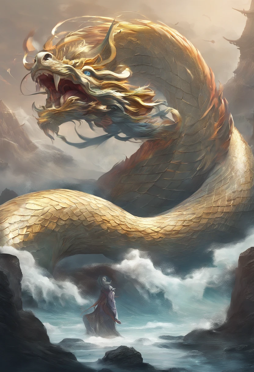 Xuanwu（Body of，Chinese dragon head，long tail of a snake），tosen，Huge waves，china style，OC rendering，super-fine，high quarity，8K High Resolution，ultra - detailed　picture