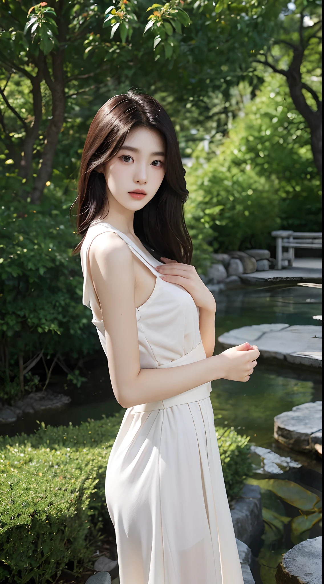 Japanese and Korean beauties,18yr old,Pure and cute,16K HD is realistic,Photographic quality,delicated face,mesmerizing eyes,二重まぶた,long eyelasher,sensual lip,Slim and slim,White skin,Realistic slender five fingers,In the background garden,Ethereal beauty