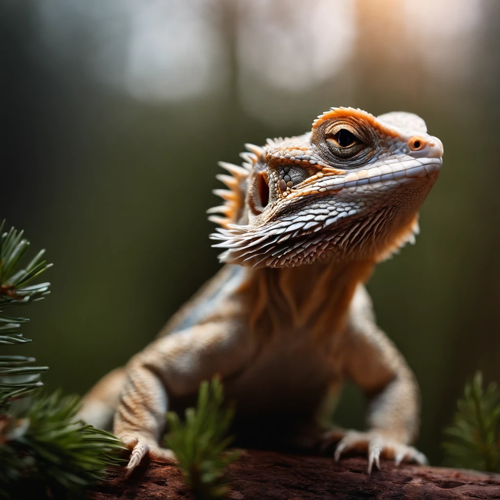 (best quality,4k,8k,ultra-detailed,highres,masterpiece:1.2),realistic,portrait,eye-catching,a Bearded Dragon,winter scene,pine trees,detailed scales,sharp focus,soft lighting,bluish cold tones,frosty breaths,curious expression,ethereal atmosphere,dreamlike background.
