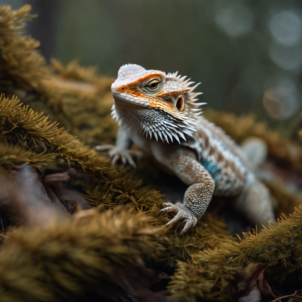 (best quality,4k,8k,ultra-detailed,highres,masterpiece:1.2),realistic,portrait,eye-catching,a Bearded Dragon,winter scene,pine trees,detailed scales,sharp focus,soft lighting,bluish cold tones,frosty breaths,curious expression,ethereal atmosphere,dreamlike background.